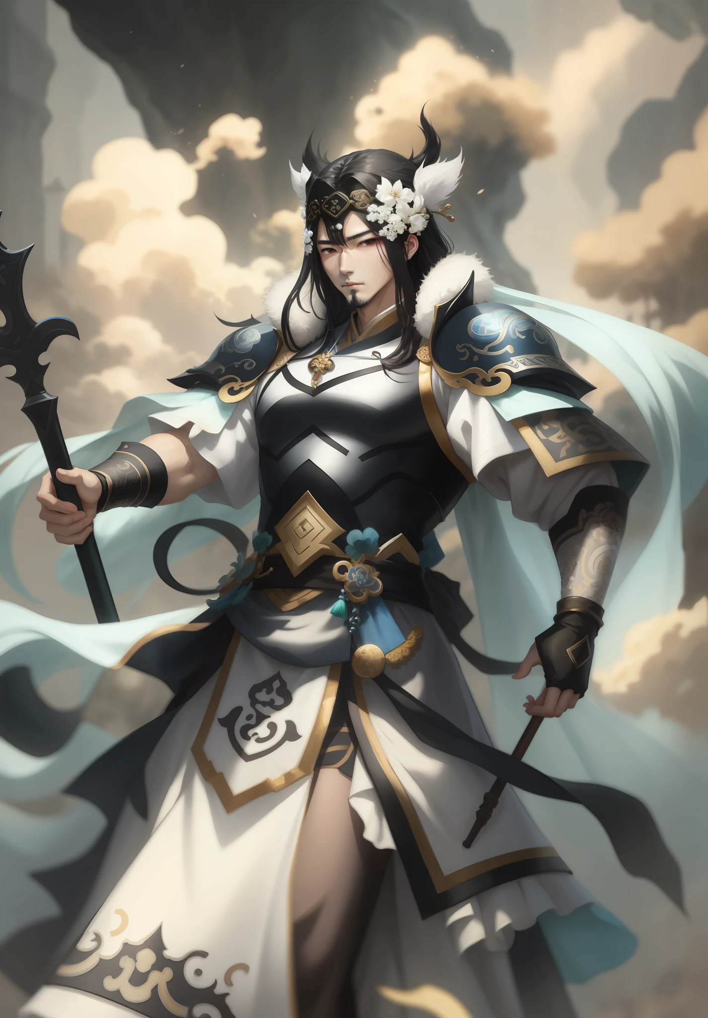 man，Handsome，long whitr hair，Anime character with long black hair, Guan yu, bian lian, casimir art, G Liulian art style, Inspired by Huang Shen, epic exquisite  character art, Inspired by Shen Zhou, by Yang J, From Arknights, 2. 5 D CGI anime fantasy artwork, high detailed official artwork, Onmyoji portrait blue dress，Silver and white clothes