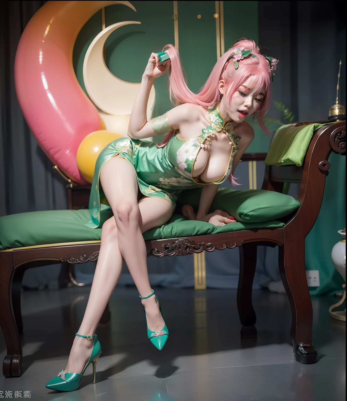 "Perfect,4K,Live cos，A pink-haired，climaxing，shuang，is inserted，Green cheongsam，green high heels，"