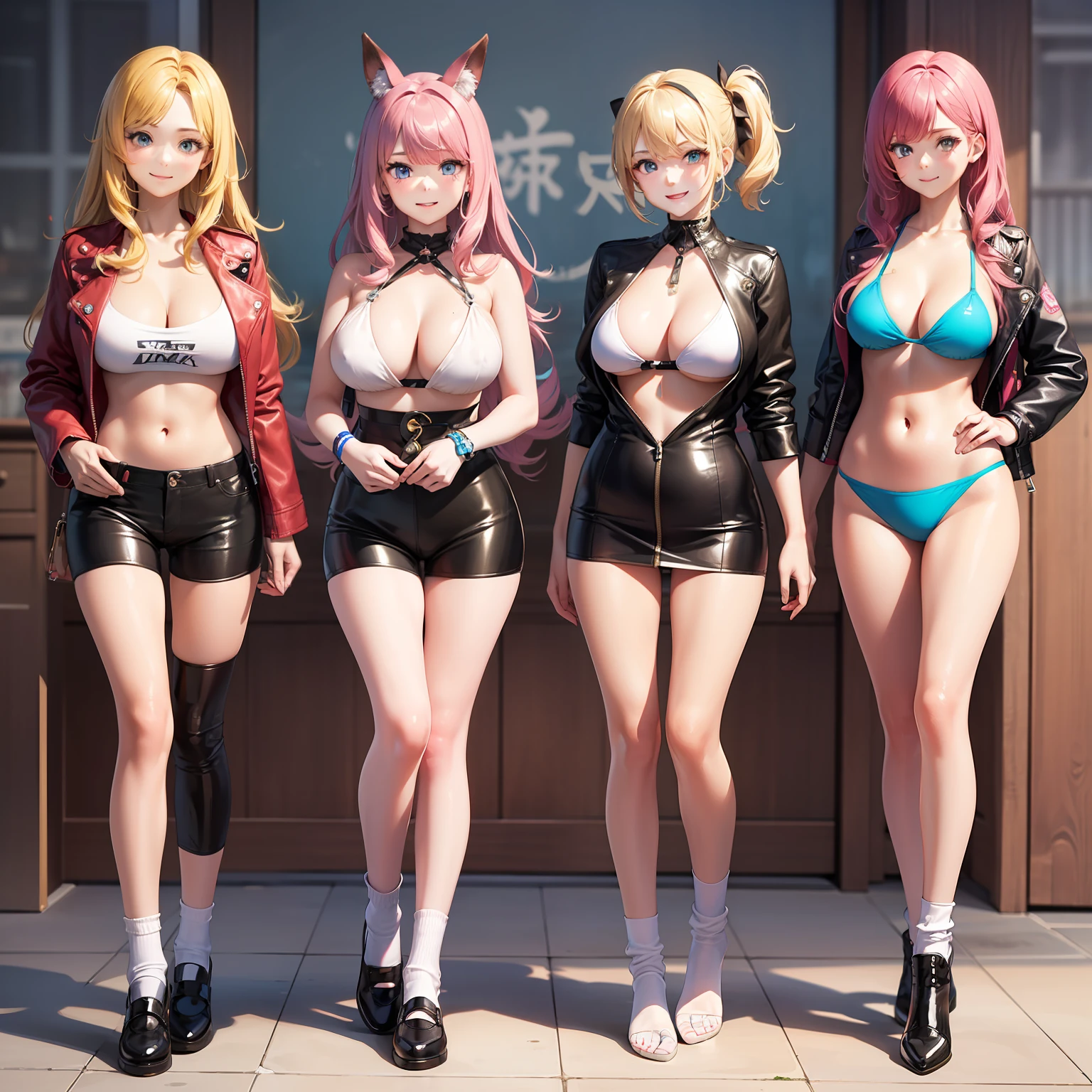 harems　Multiple girls are depicted　a smile　a blond　Pink hair　leather jackets　blue eyess　top-quality　​masterpiece　超A high resolution　swim wears　Huge　Loose socks