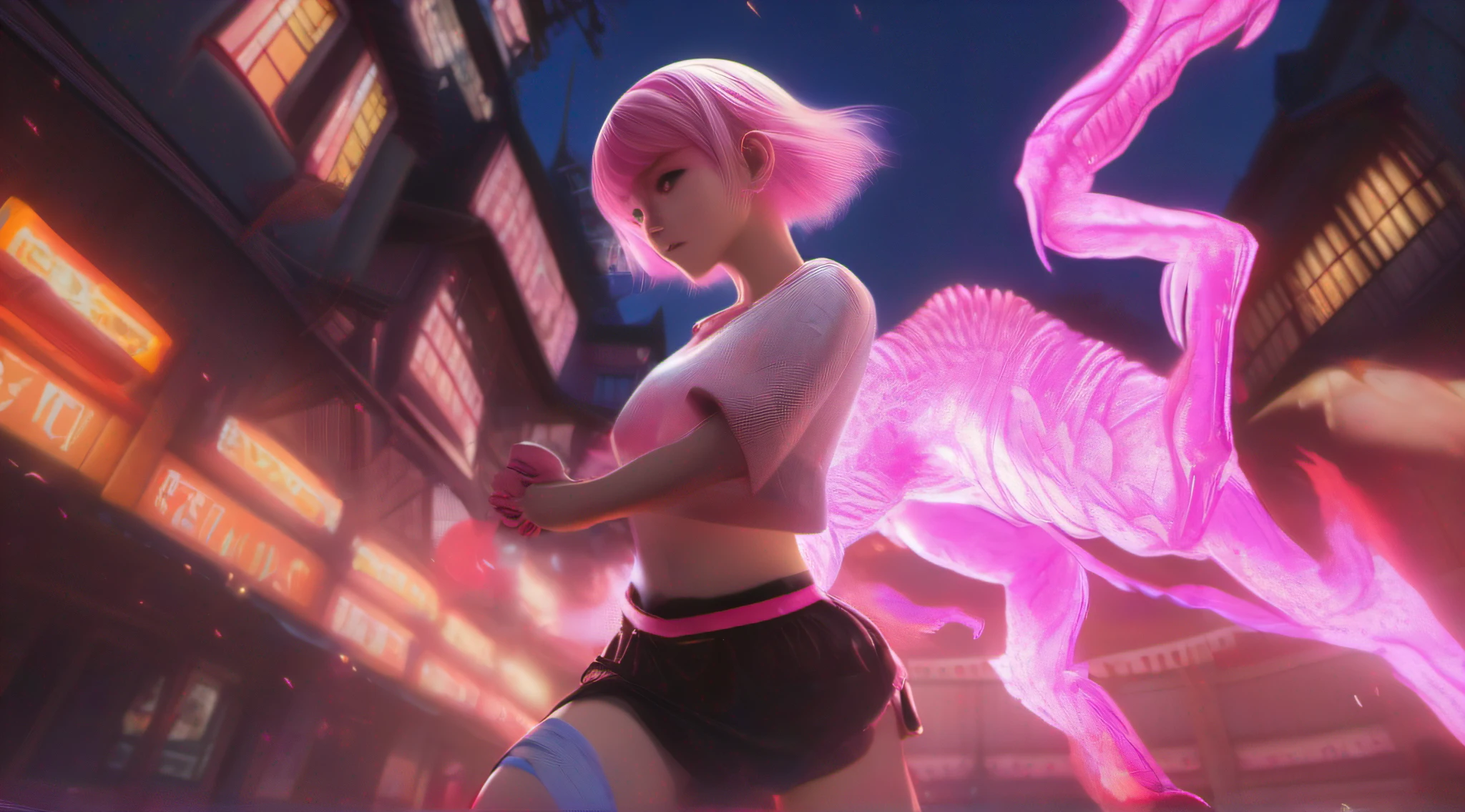 japanese demon is fighting a beautiful girl,18yo, pink short hair, blue eyes,Conceptual art, best photo shot, glowing light, realistic, UHD, textured skin, masterpiece, anatomically correct, best quality, 8k, full body,