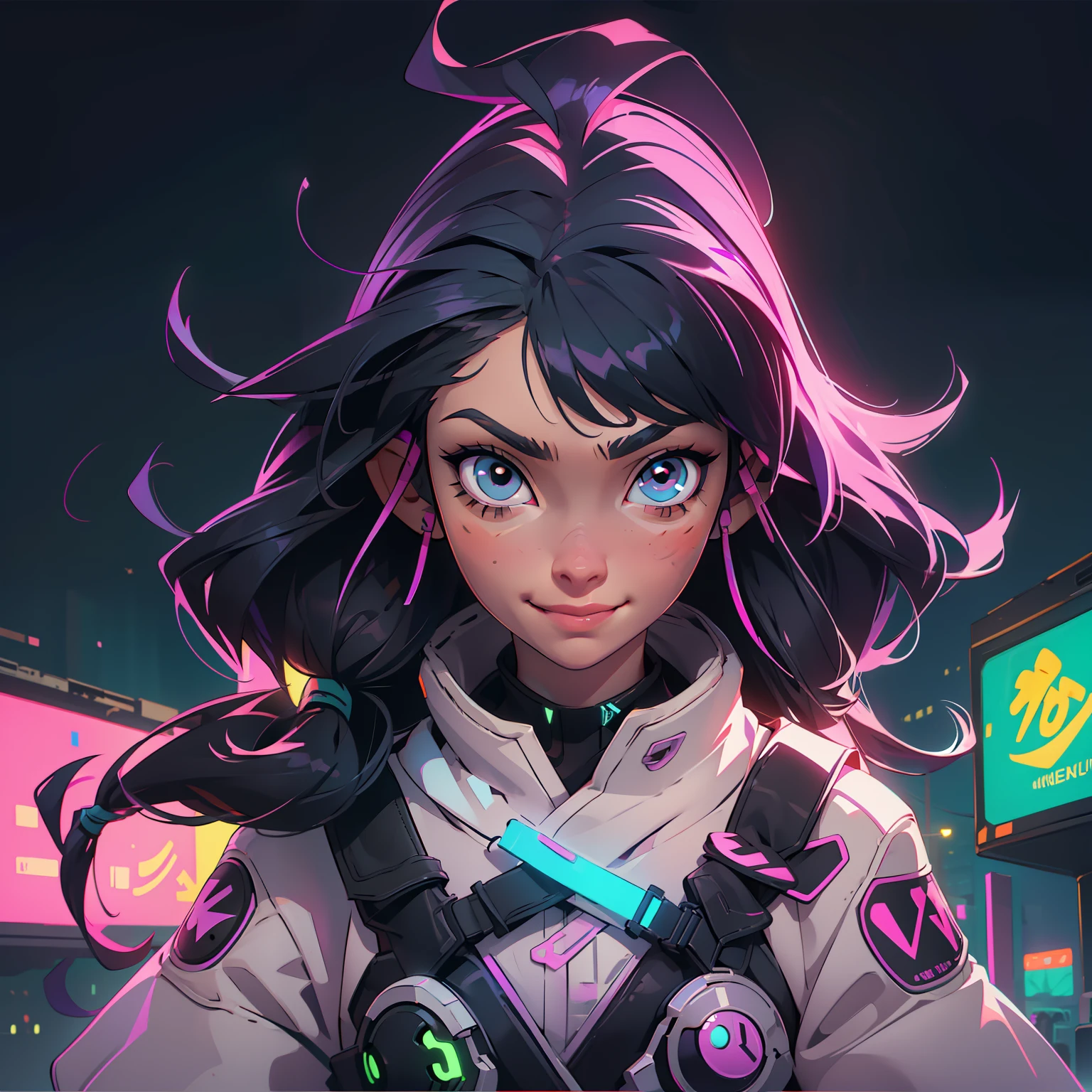 Create a girl with long messy black hair and brown eyes, smiling, gamer,, monitor, night time, good quality, perfect anatomy, 8k, masterpiece, by (Holaxes), long hair, messy hair, neon, headphones, cyberpunk, neon purple, neon yellow, neon blue, cyberwave, best Character Design