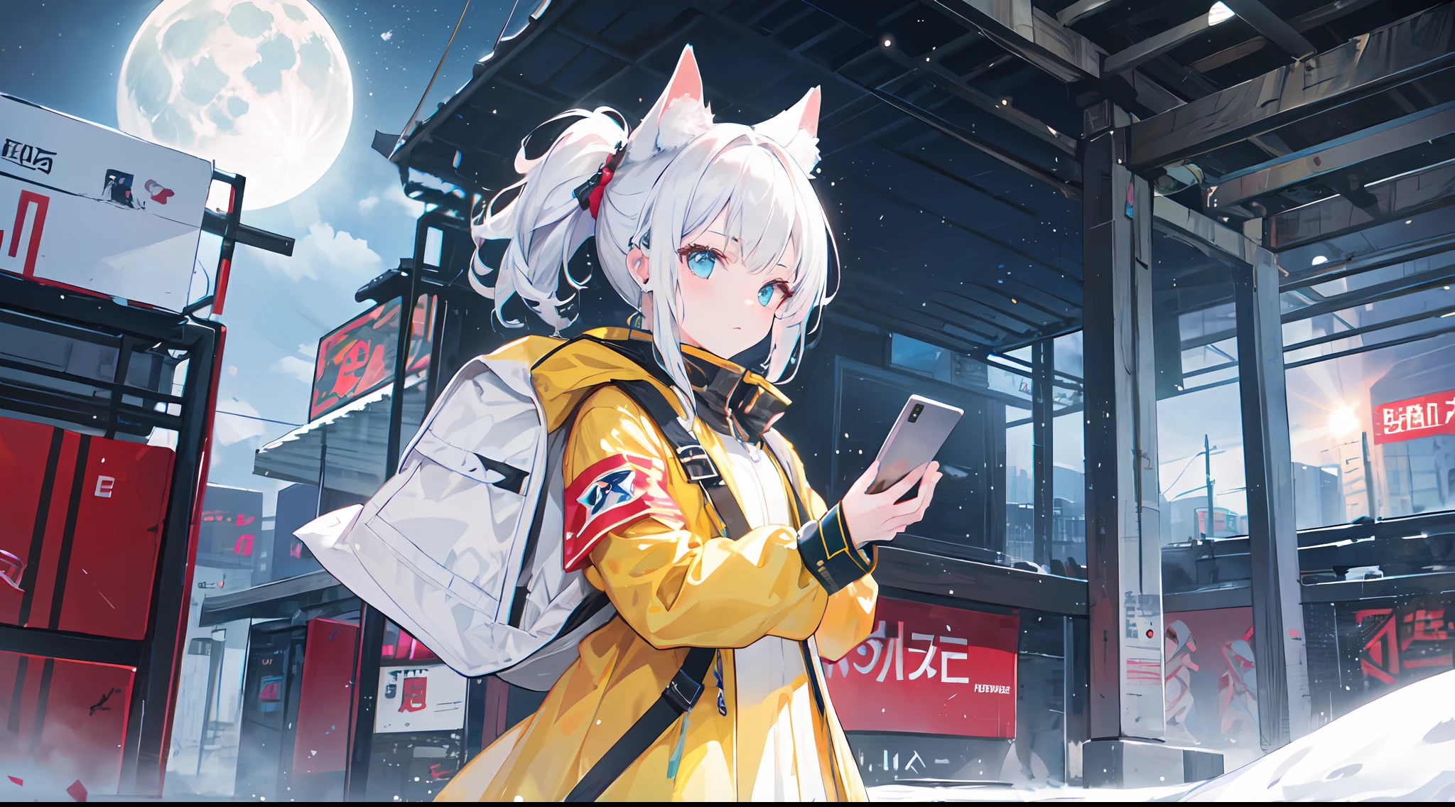 ((high qulity)), ((tmasterpiece)), 8K, Girls, bulletproof vest, llight rays, Extremely detailed CG unifies 8K, 8K, Diamond, and wallpaper, GameCG, looking at viewert, mitts, Boots, full bodyesbian, Wrist watch, Computer,Masks，UAVs，handheldweapons，Earphone，jaket，Bao，backpacks，Ark of tomorrow style，White trench coat，围巾，with short white hair，Issuing，The sword，yellow armband，Yellow band，Black strap，blue stripe，red color eyes，The sword，Firearms，Straighten your hair with both hands，Detailed hands，detailed back ground，detailed face with，A masterpiece of the Rhode Island Bridge，（best qualtiy：1.2），（super-fine：1.2），illustratio，（Extremely refined and beautiful：1.2），Movie Angle，floatking，（beatiful detailed eyes：1.1），（Detail light：1.1），电影灯光，Exquisite sky，woman，whaite hair，eBlue eyes，（high ponytails：1.1），cloaks，glowing light eyes，（themoon：1.2），（rays of moonlight：1.1），starrysky，（Light particles：1.1），Mist，Snow painting，full bloom，废墟，little bit of raining，，Earphone，White cat ears，Rained，Rain drops，Black hairpin，yellow armband，Blue sea，White tights