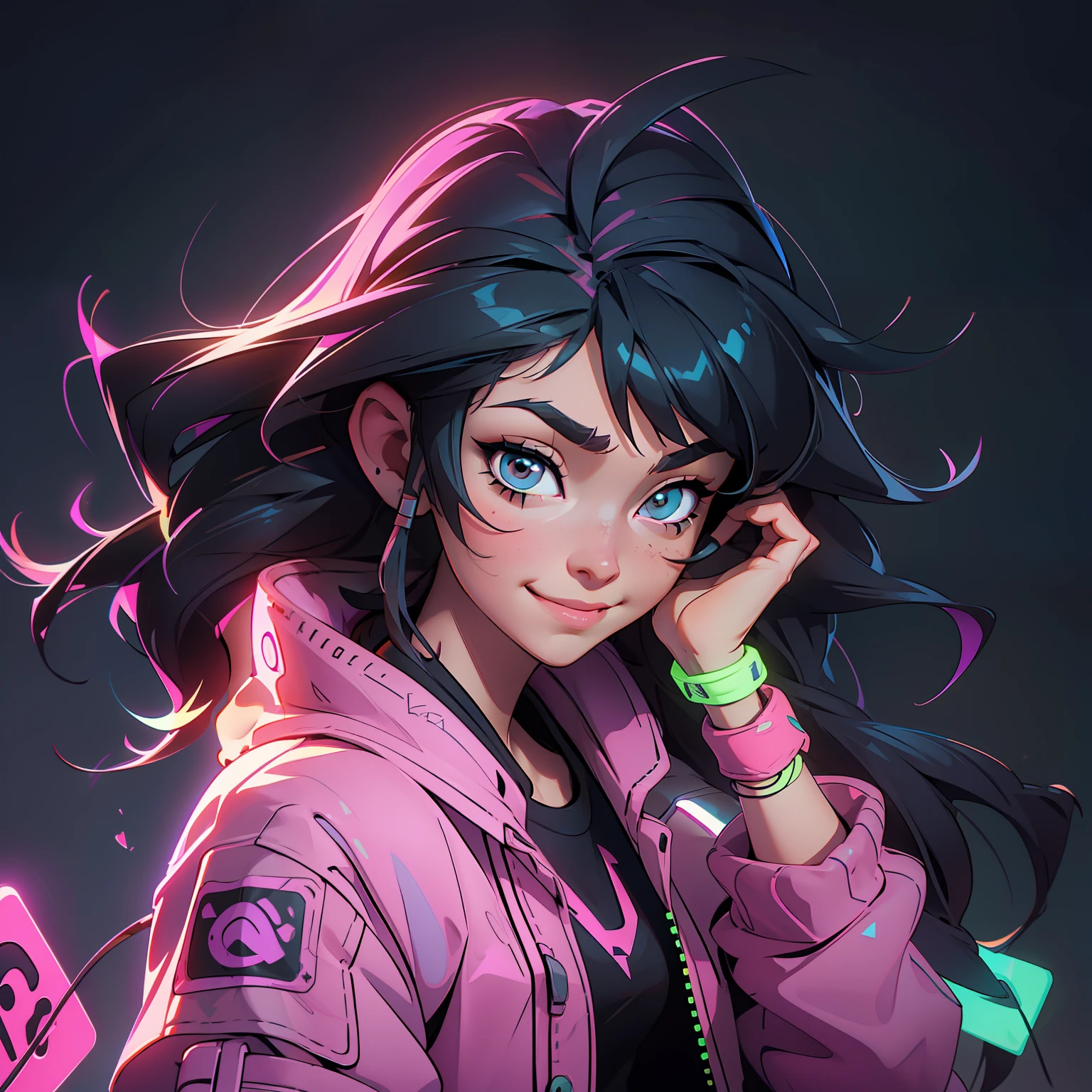 Create a girl with long messy black hair and brown eyes, smiling, gamer,, monitor, night time, good quality, perfect anatomy, 8k, masterpiece, by (Holaxes), long hair, messy hair, neon, headphones, cyberpunk, neon purple, neon yellow, neon blue, cyberwave, best Character Design