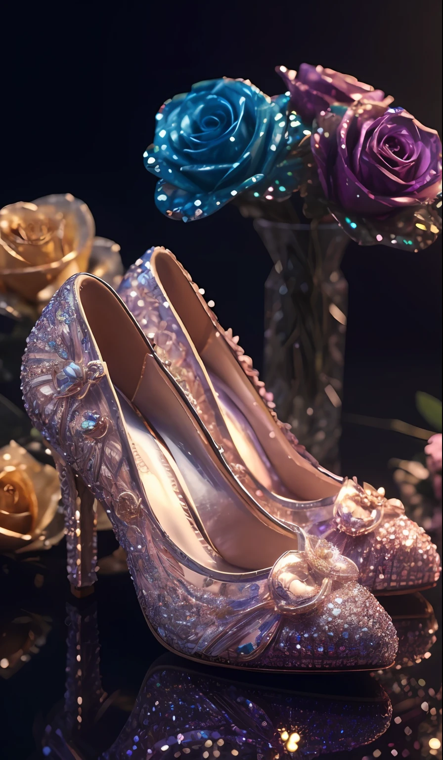 Crystal shoes and crystal roses， fanciful, galaxias, cleanness, glittery, glittery, Splendor, Colorful, Amazing photography, dramatic  lighting, photo-realism, ultra - detailed, 4K, depth of fields, A high resolution