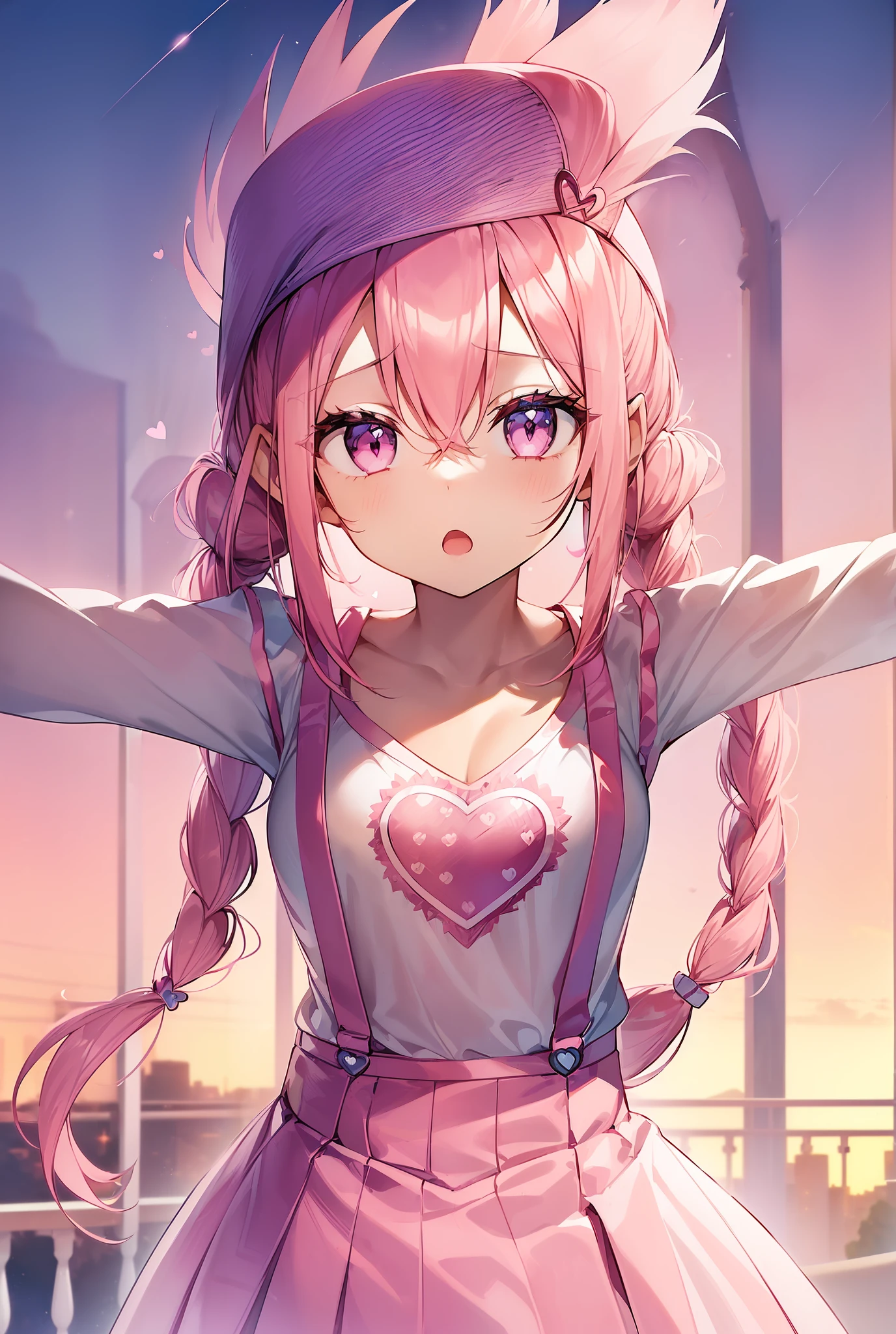 1girl in. Pink hair.Long hair.((Twin-tailed)).{Lori}.Short stature.tiny chest.white t-shirts.suspender.Skirt. (((masutepiece))).(((Best Quality))).)((Ultra-detailed))).(((Illustration))). (((Spread your arms))).(((Night view))).(((Heart on chest))).Feathered hat.Despair face.Opening Mouth.