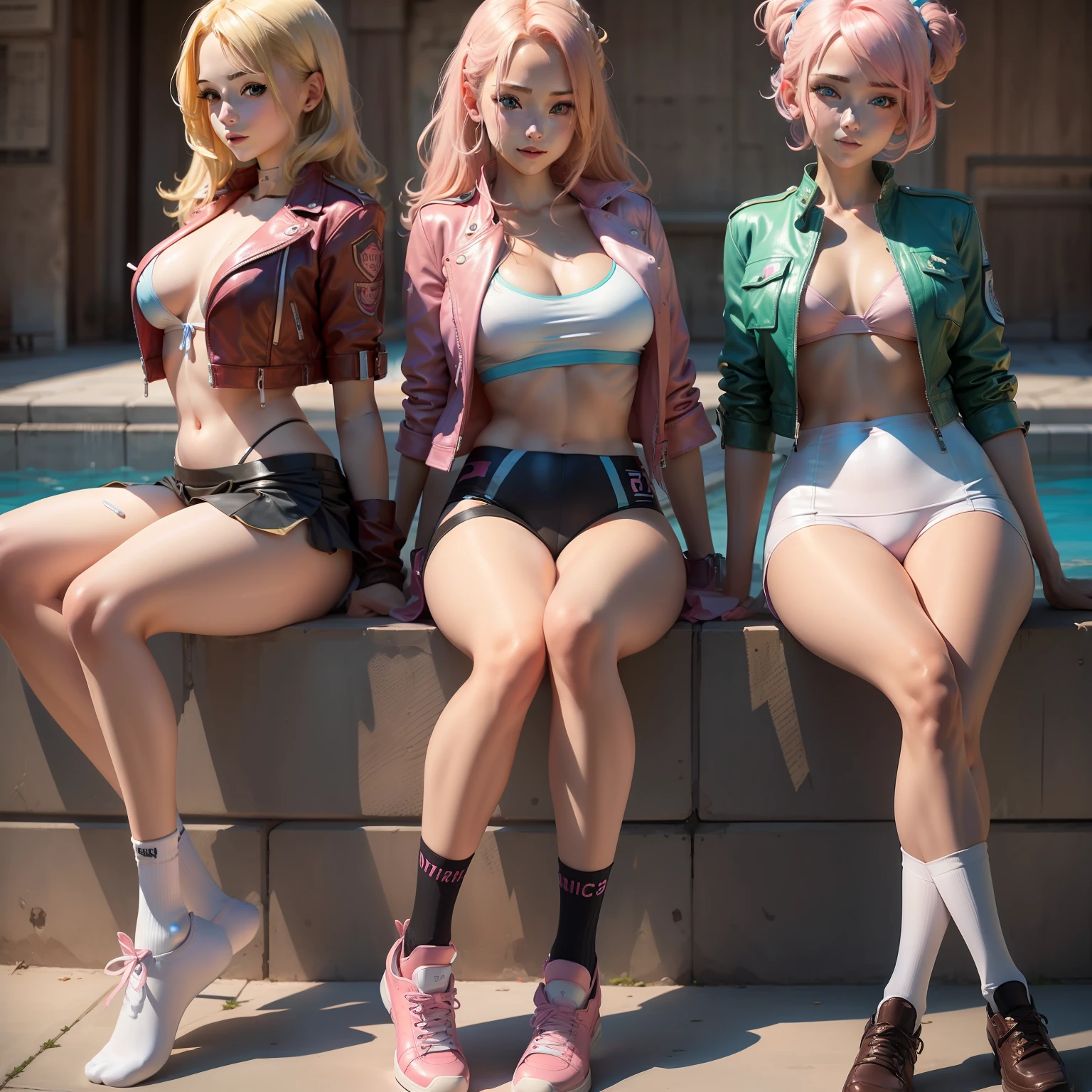 harems Multiple girls are depicted a smile a blond Pink hair leather jackets blue eyess top-quality masterpiece 超A high resolution swim wears Huge Loose socks
