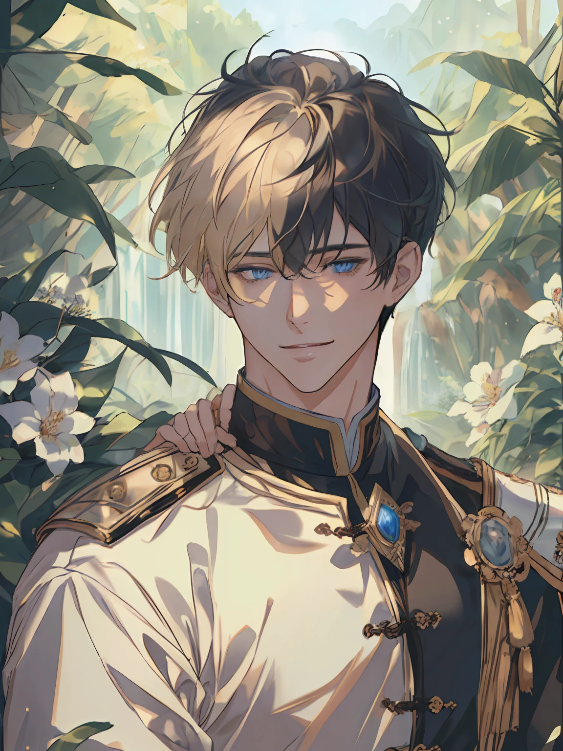 ((masterpiece:1.2、top-quality))、((Two men))、blonde hair、blue eyess(a handsome:1.4)、full bodyesbian:1.3、校服、royalty、Black Knight、Short black hair、Golden Eyes、Scar on the right eye、Black Armor、Fantasia、blooming flowers、sunlights、Fantastic Light and Shadow、landscapes、extra detailed face、portraitures、a smile
