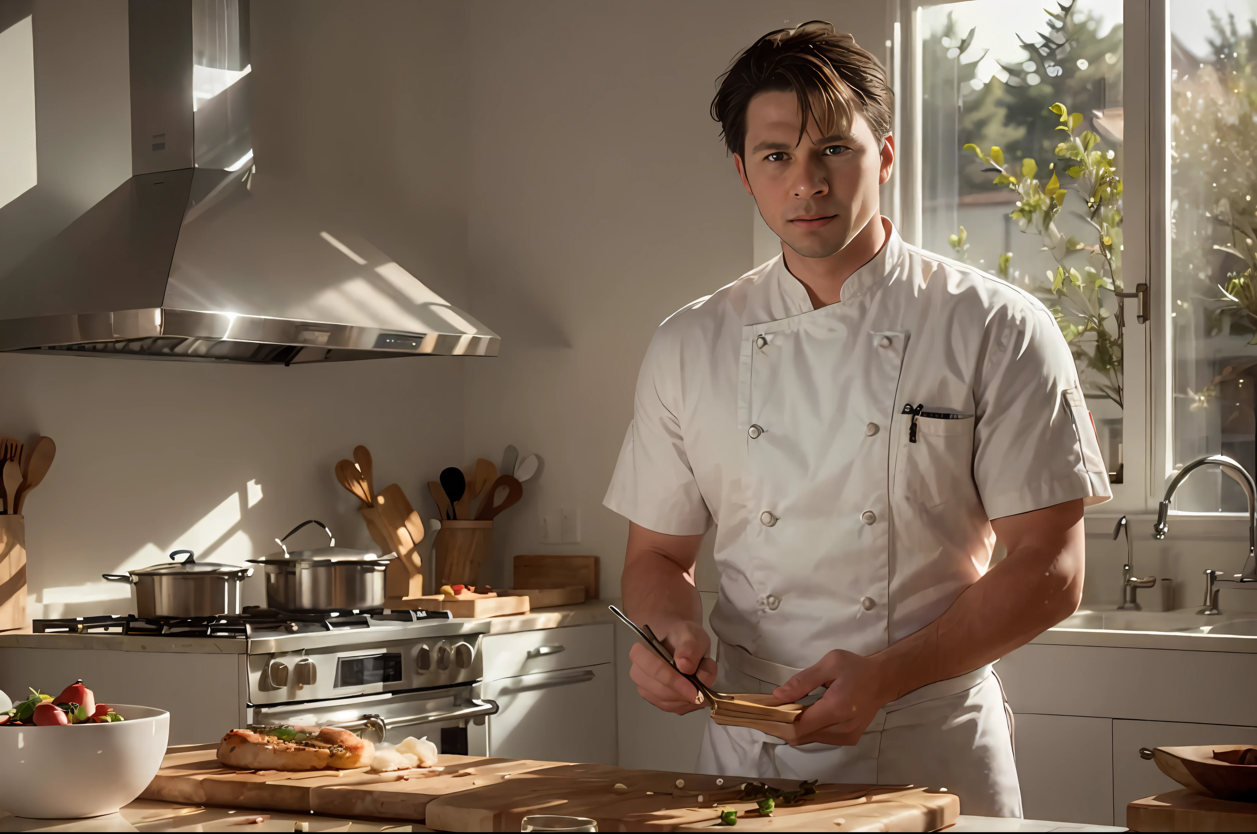 there is a man standing in a kitchen preparing food on a cutting board, chef table, commercial shot, promo still, inspired by Charles Le Roux, in the kitchen, dustin panzino, inspired by Richmond Barthé, in a kitchen, dylan kowalsk, damon soule, chefs table, cooking show, mark edward fischbach, production still