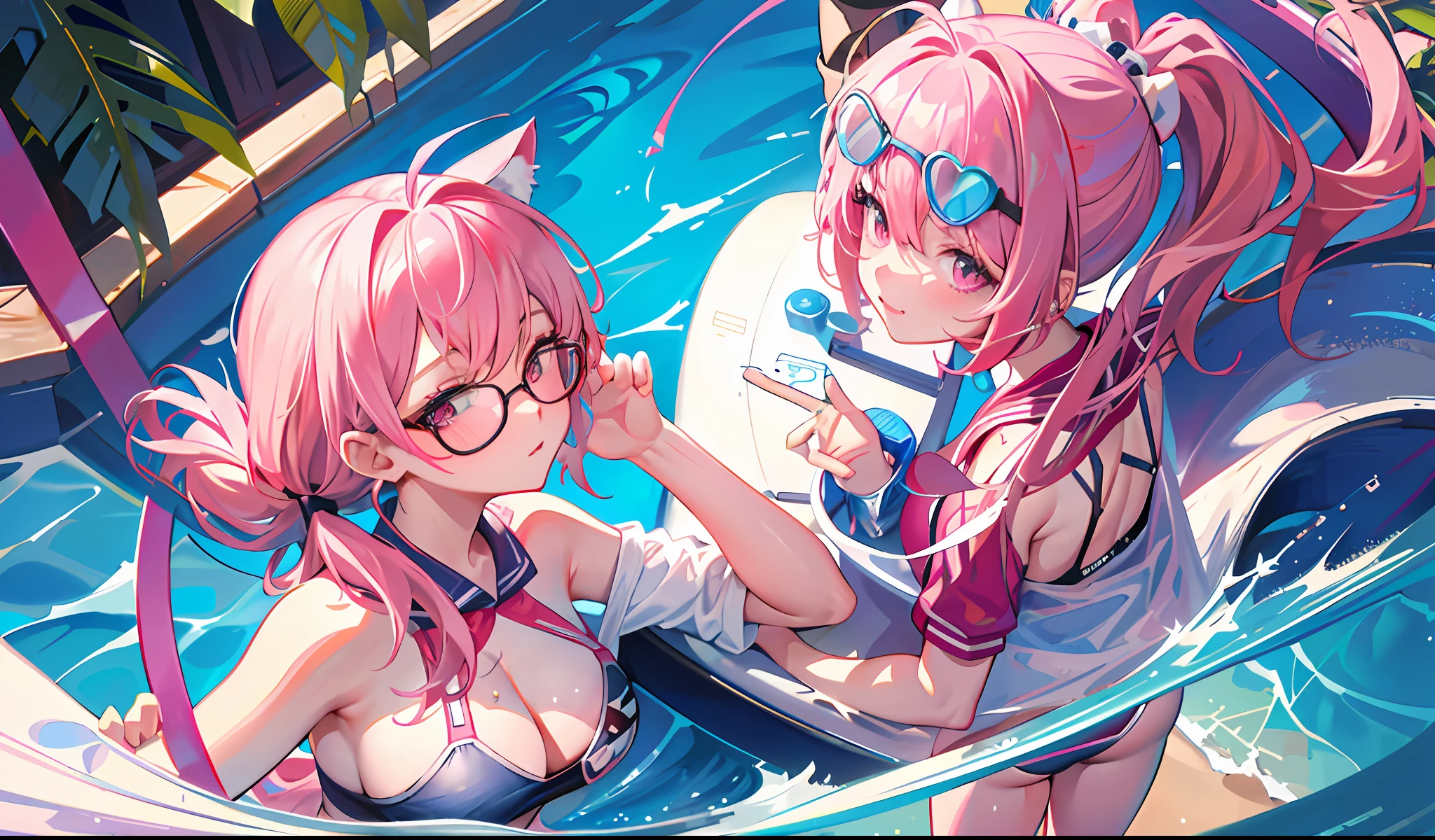 8K, ultra - detailed, s girl,quadratic element,Pink hair,Wearing white silk,wears glasses,swimming uniform,Bikini swimsuit,D-cups,Bigchest,self-expression,sitted,Drinking a juice,High ponytail,ssmile,best qualtiy,cat ear,Pink lingerie