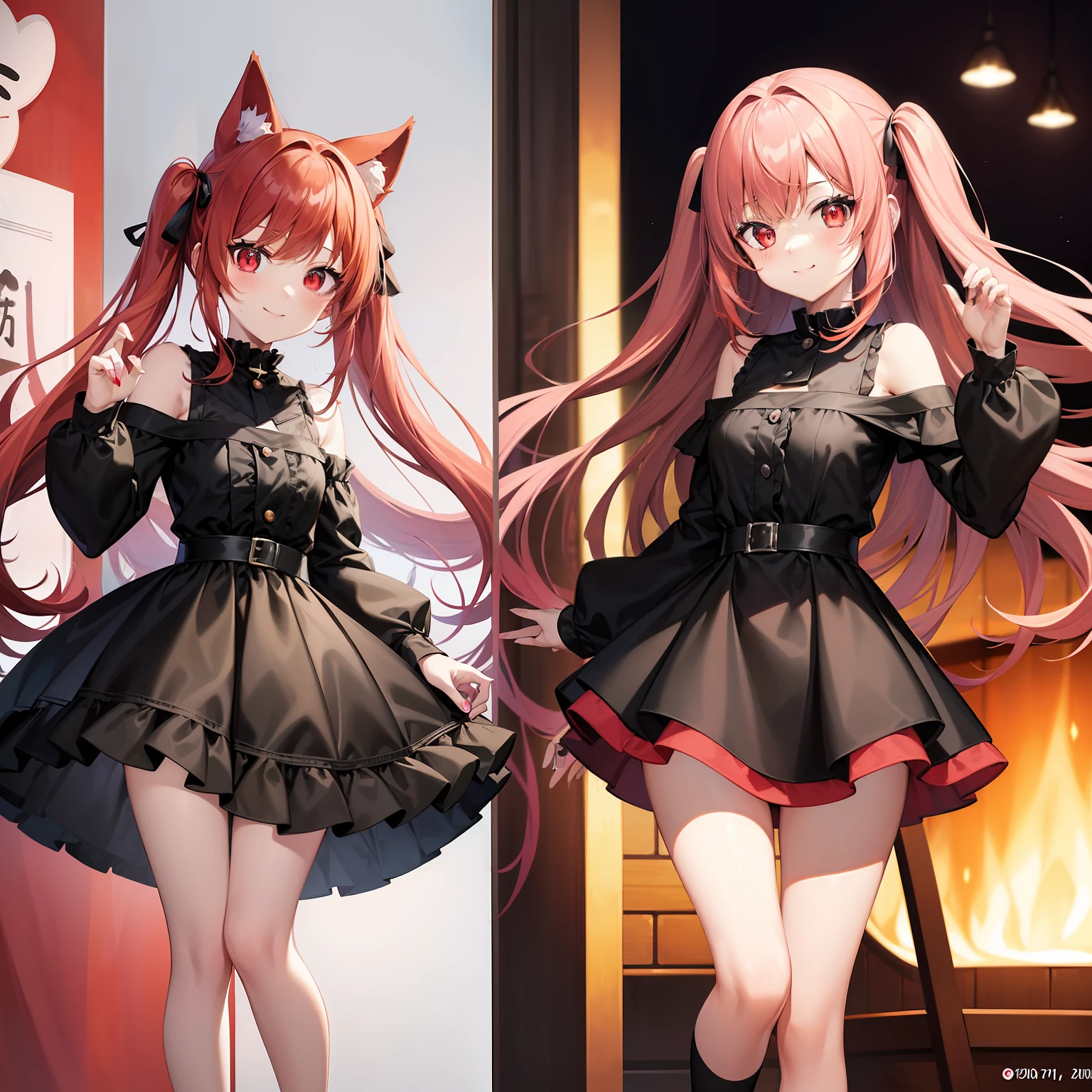 Anime filling,Two-dimensional illustration,Red hair,Half Twin Tail,shorth hair,Big eyes,A smile,a beauty girl,cute little,Super Cute,Black cat ears,Red Eyes,Ruffled Clothes,Black lace clothes,Inner colorGreen,One girl,Full body painting,A masterpiece of 2D art,(masterpiece,Top image quality:1.3),(detaile:1.2),(1人)