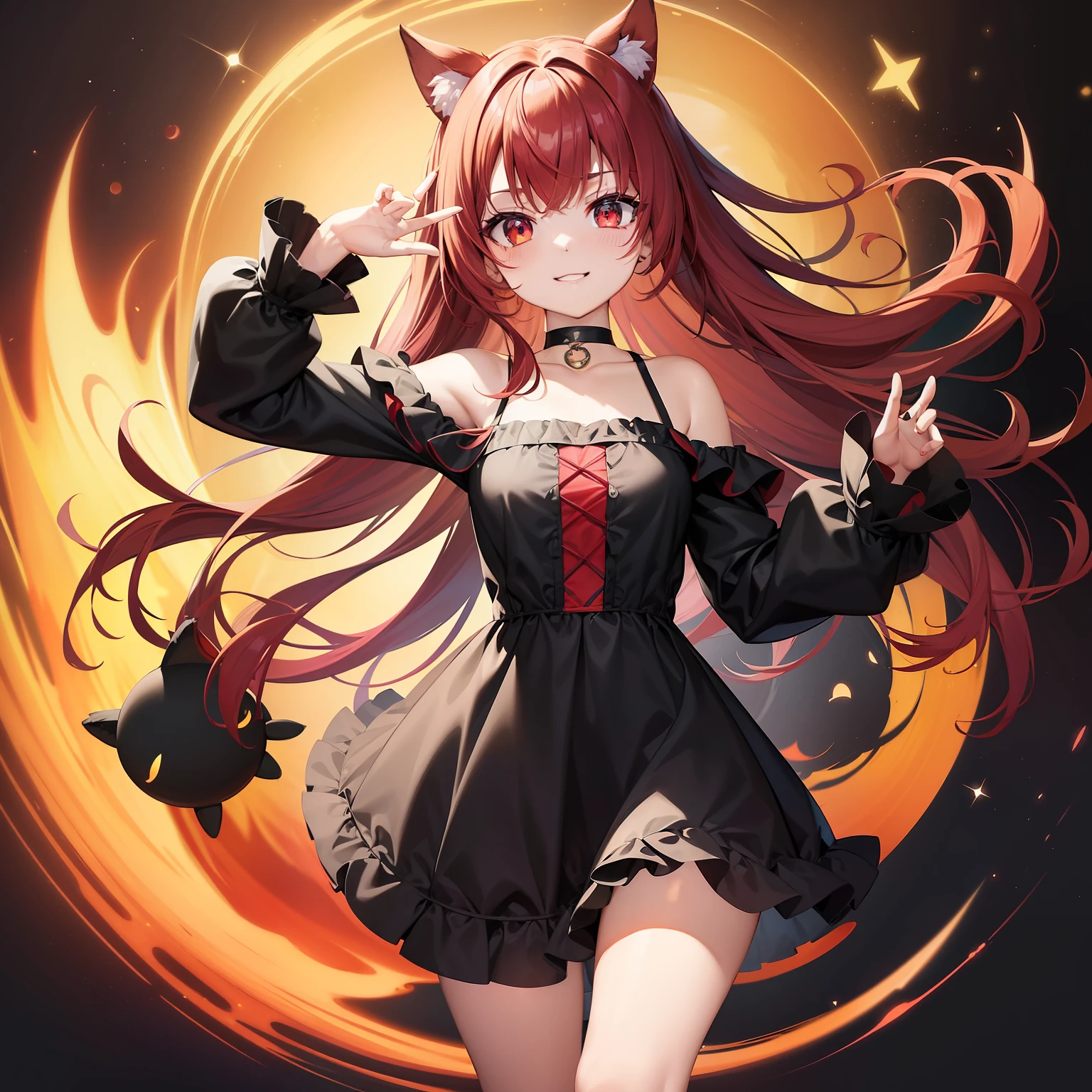 Anime filling,Two-dimensional illustration,Red hair,Half Twin Tail,shorth hair,Big eyes,A smile,a beauty girl,cute little,Super Cute,Black cat ears,Red Eyes,Ruffled Clothes,Black lace clothes,Inner colorGreen,One girl,Full body painting,A masterpiece of 2D art,(masterpiece,Top image quality:1.3),(detaile:1.2),(女の子1人)