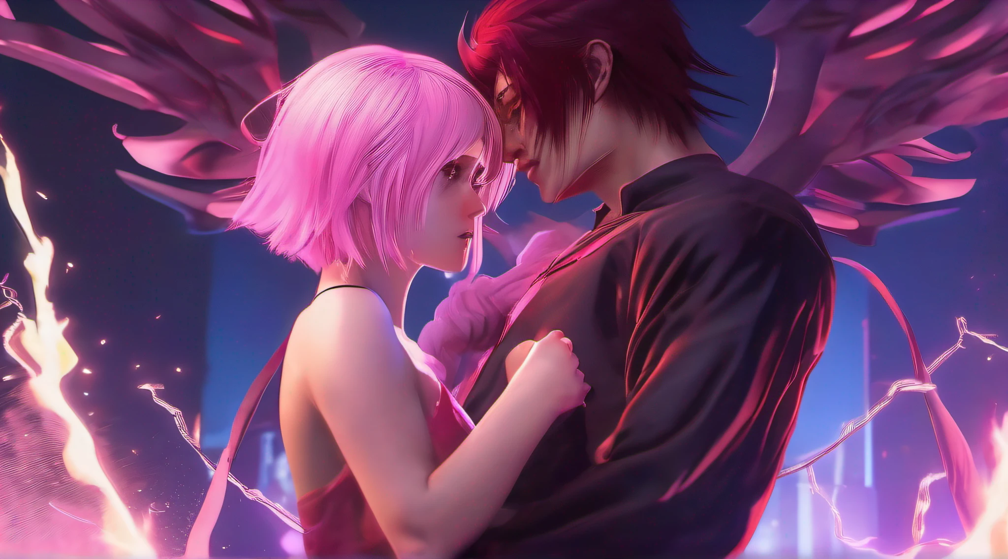 japanese demon is fighting a beautiful girl,18yo, pink short hair, blue eyes,Conceptual art, best photo shot, glowing light, realistic, UHD, textured skin, masterpiece, anatomically correct, best quality, 8k, full body,