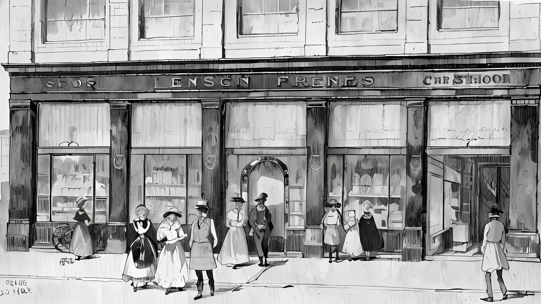 (Painting of nineteenth-century London，Old shop front，Outside the corner shop，Exterior view of the salon in 1860，1870s fashion，Printmaking style of the mid-nineteenth century)