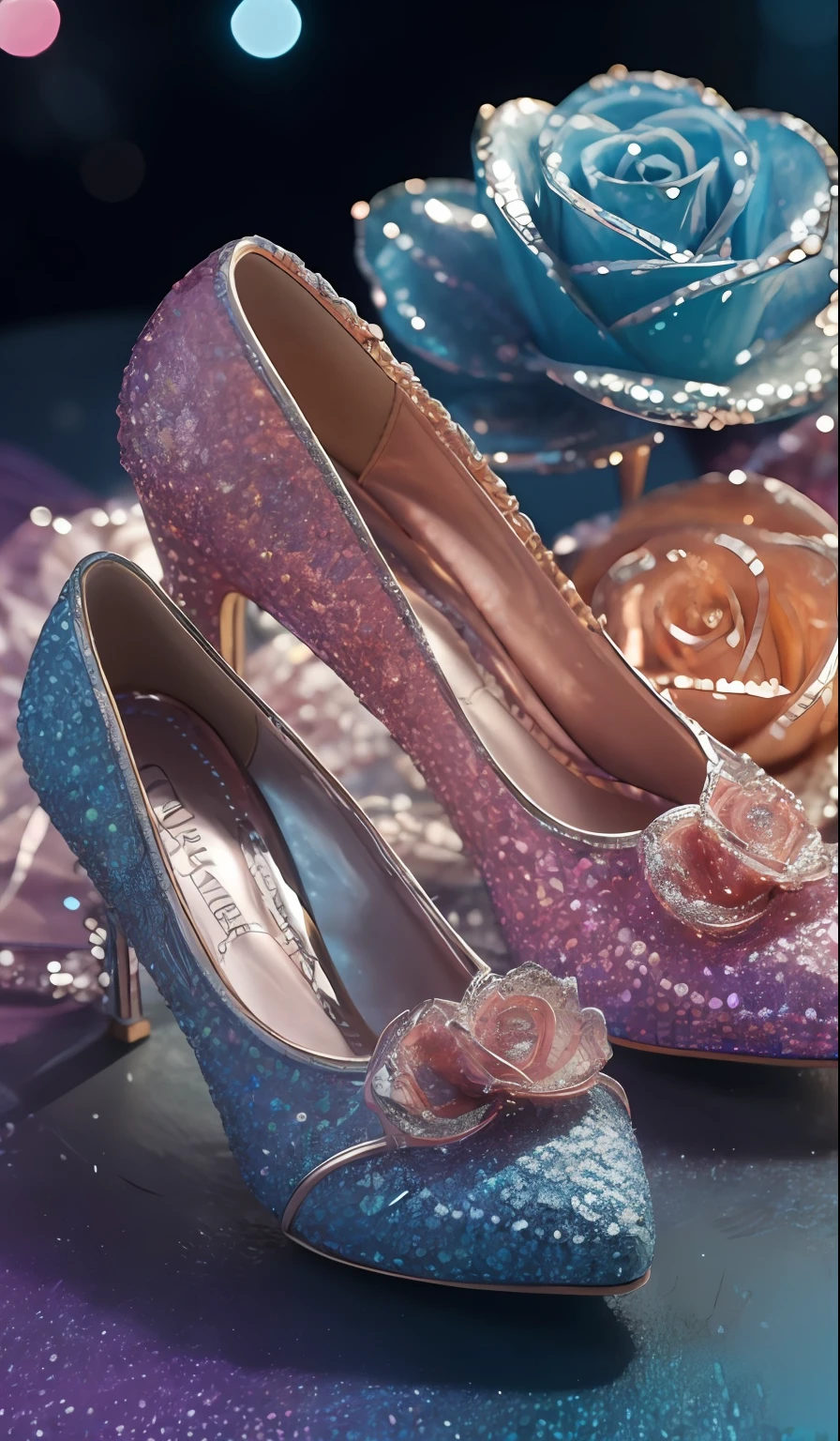 Crystal shoes and crystal roses, fanciful, galaxias, cleanness, glittery, glittery, Splendor, Colorful, Amazing photography, dramatic lighting, photo-realism, ultra - detailed, 4K, depth of fields, A high resolution
