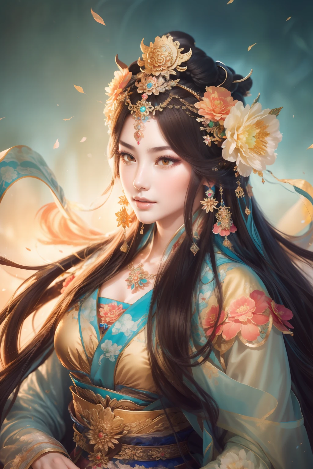 a close up of a woman with a flower crown on her head, a beautiful fantasy empress, Palace ， A girl in Hanfu, by Yang J, ((a beautiful fantasy empress)), Beautiful character painting, Inspired by Lan Ying, inspired by Du Qiong, Beautiful teenage girl, queen of the sea mu yanling, Chinese fantasy, Inspired by Ai Xuan