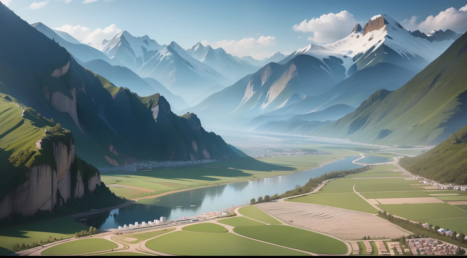 A valley surrounded by mountains,lake,springtime,baiyun,farm land,UHD,high details