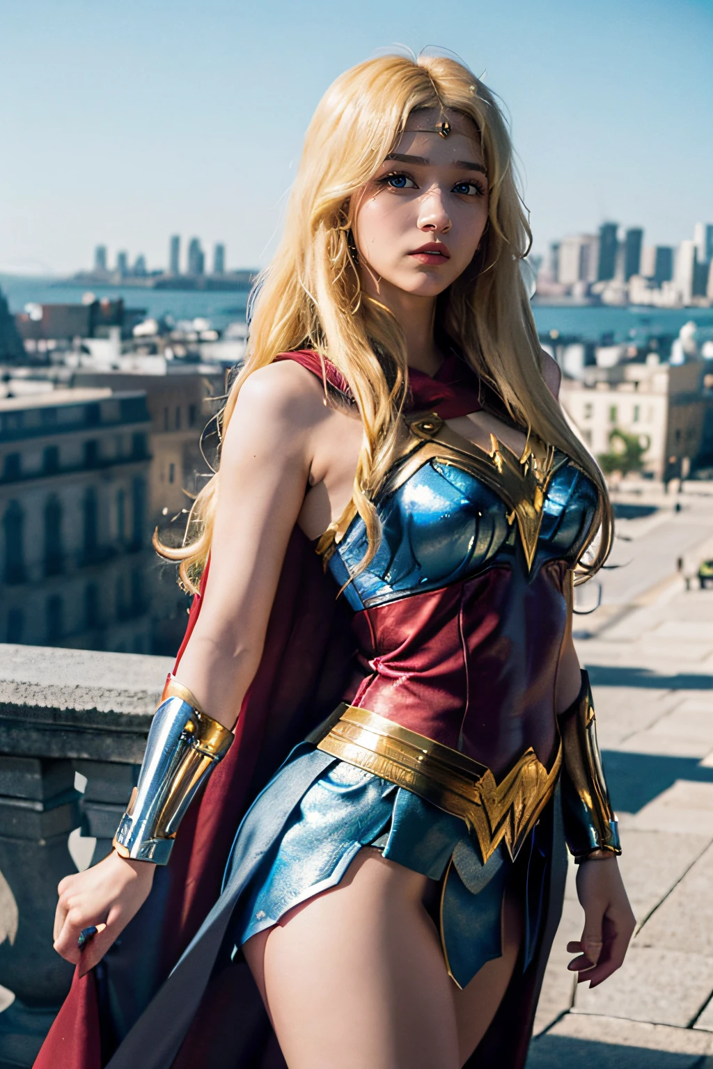 1girl, (Blue Eyes), straight face, ((Long Shot LS), (Low View), ((Sana Minatozaki)), wide hips, Big Boobs, big ass, (Best Quality, 8k, Masterpiece: 1.3)) ), Clear Focus: 1.2, Perfect Body Beauty: 1.4 , Slender Abs: 1.2, Wet Body: 1.5 , Highly detailed face and skin texture, detailed eyes, double eyelids, ((long blonde hair)), Wonderwoman \(Wonderwoman \), ((cloak)), city, large buildings in the background