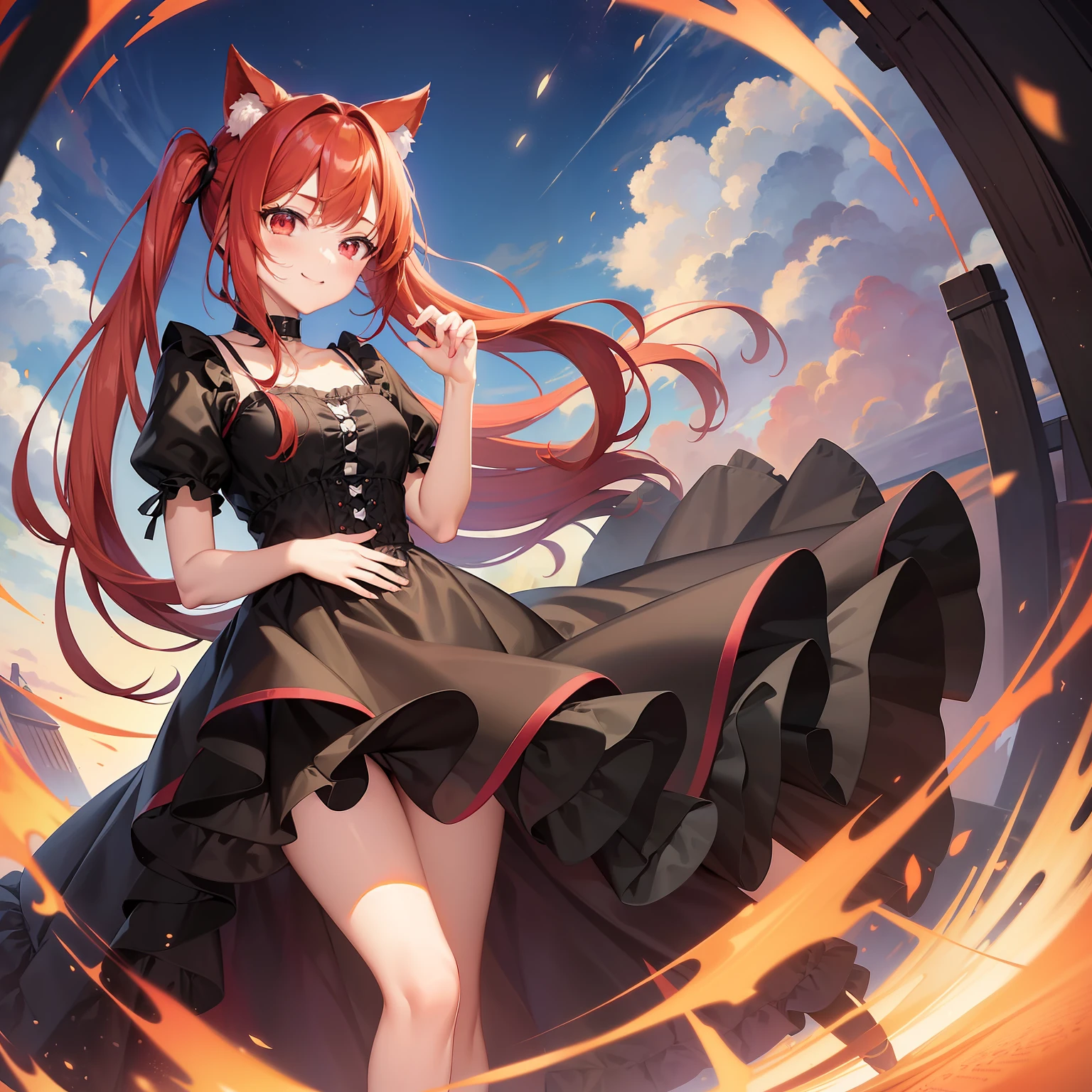 Anime filling,Two-dimensional illustration,Red hair,Half Twin Tail,shorth hair,Big eyes,A smile,a beauty girl,cute little,Super Cute,Black cat ears,Red Eyes,Ruffled Clothes,Black lace clothes,Inner colorGreen,One girl,Full body painting,A masterpiece of 2D art,(​masterpiece,Top image quality:1.3),(detaile:1.2),(女の子1人)