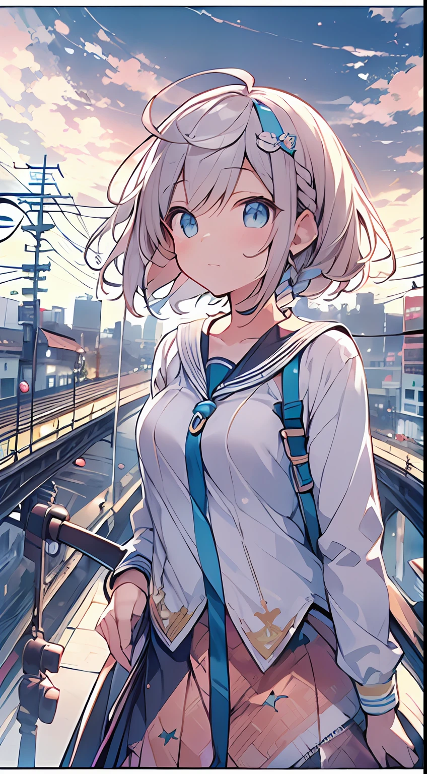 masutepiece, Best Quality,Illustration, Wallpaper, Ultra Detail, absurderes, 1loli, Solo, (Medium short hair、short braided hair), Beautiful detailed eyes , (Street), luminous sky,(a panoramic view:1.3),(Sense of depth:1.5),(longshot:1.3)
