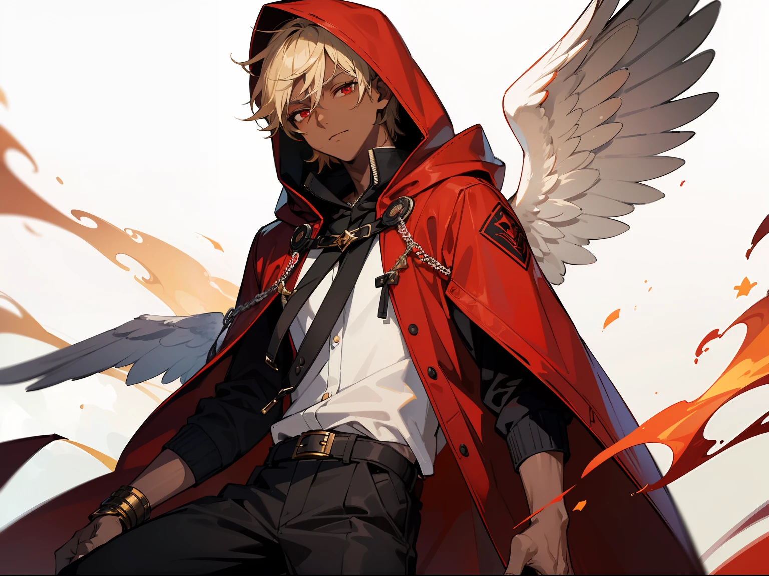 ((Masterpiece, highest quality)), detailed face, full of details, highly detailed, depth, many parts, 1boy, young male, red eyes, ((dark skin)), black wings, angel wings, fire, black pants, red hooded jacket, long sleeves, hood on head, wearing hood, short blonde hair,