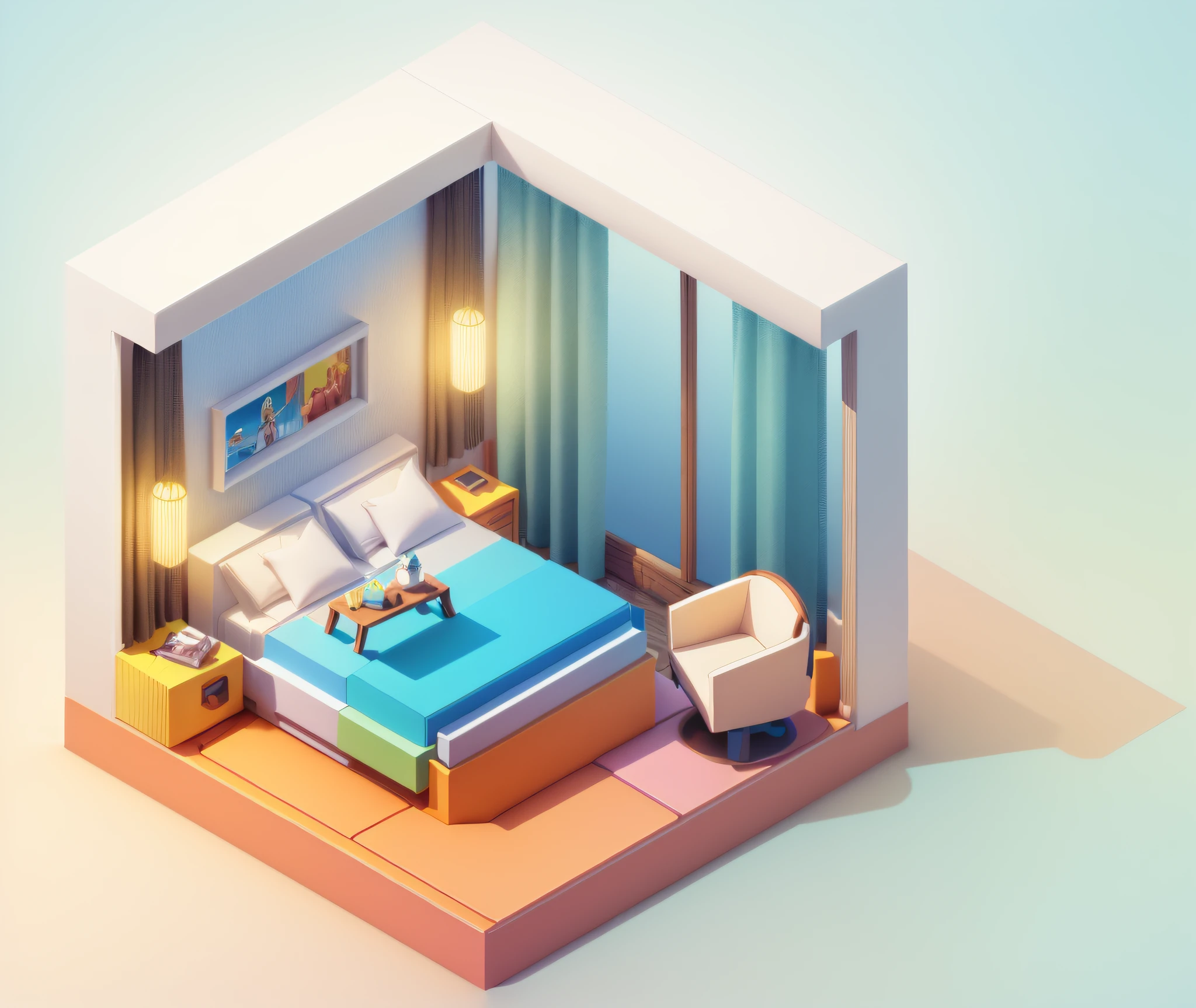 (Isometric perspective:1.5),(Pixar style:1.2), Room, bed, sofa,(small bonsai:0.8),desk lamp, TV, mural, 3D,Disney,Panoramic photo,White background, solid background,Global illumination, raytracing, modeling,HDR,octane render,unreal render,behance,dribbble,artstation,best quality, 8k,