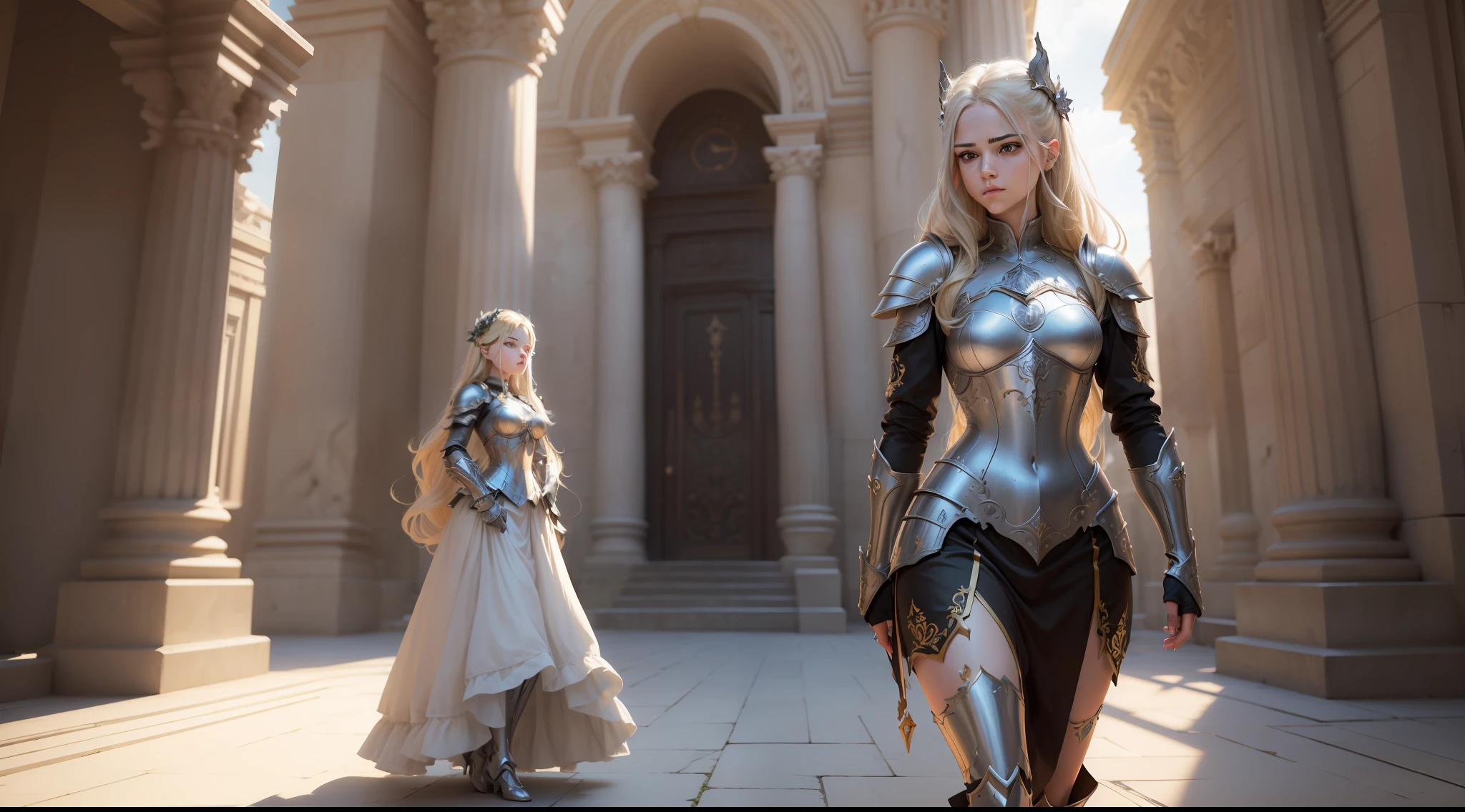 (8K, beste-Qualit: 1,2), (tmasterpiece: 1,37), (photo, photo-realistic: 1,37), (extra high resolution), Full-length body, walking pose, Front shot, Slow motion, Female paladin in full body, ( Light Silver Armor: 1.2), (ornate armor), (insanely detailed, flowering: 1.5), (Top Quality, Alessandro Casagrande, by Greg Rutkowsky, Sally Mann, ConceptArt, 4k), (analogue: 1.2), (High Sharp ), (Detailed pupils: 1.1), Detailed face and eyes, tmasterpiece, beste-Qualit, (High-detail photo: 1.1), (longue blonde hair, tail, ecstasy: 1.1), (A young woman: 1.1), Sharp, (the perfect body: 1,1), Realistic, real shadow, 3d, (The background of the temple: 1,2), (by Michelangelo),