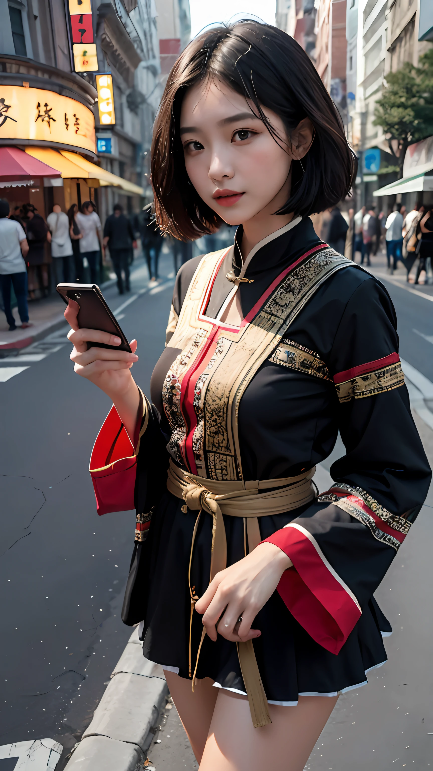 Beutiful women,Fiddling with your phone in the middle of the street,Short clothes,The color hair,Miao ethnic costume,High-definition realism,naturey
