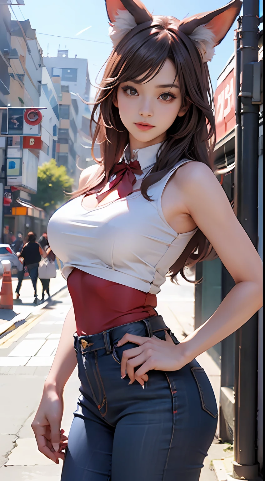 (8K,RAW photos,best qualtiy,tmasterpiece:1.2),(realisticlying,photograph realistic:1.37),1girll,profesional lighting,photon maping,Radio City,skinny pants,street,beautiful weather,big assa,Trendy outfits,Sexy feminine curves,perfect bodies,Ali,fox ear,