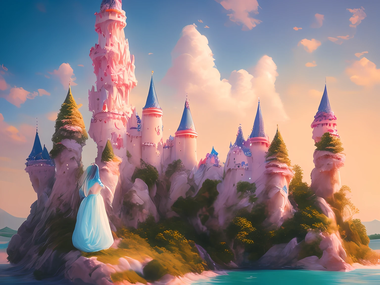 Uma pintura de um castelo feliz feito de sorvete, arvores de marshmelow, cotton clouds,, luminosa, edificante, um retrato de personagem, ArtStation HD, pintura detalhada, foto tirada com Provia, Kodak Portra, Film Grain, destaque no Unsplash, Film Grain, Cinematic vision, foto tirada com Provia