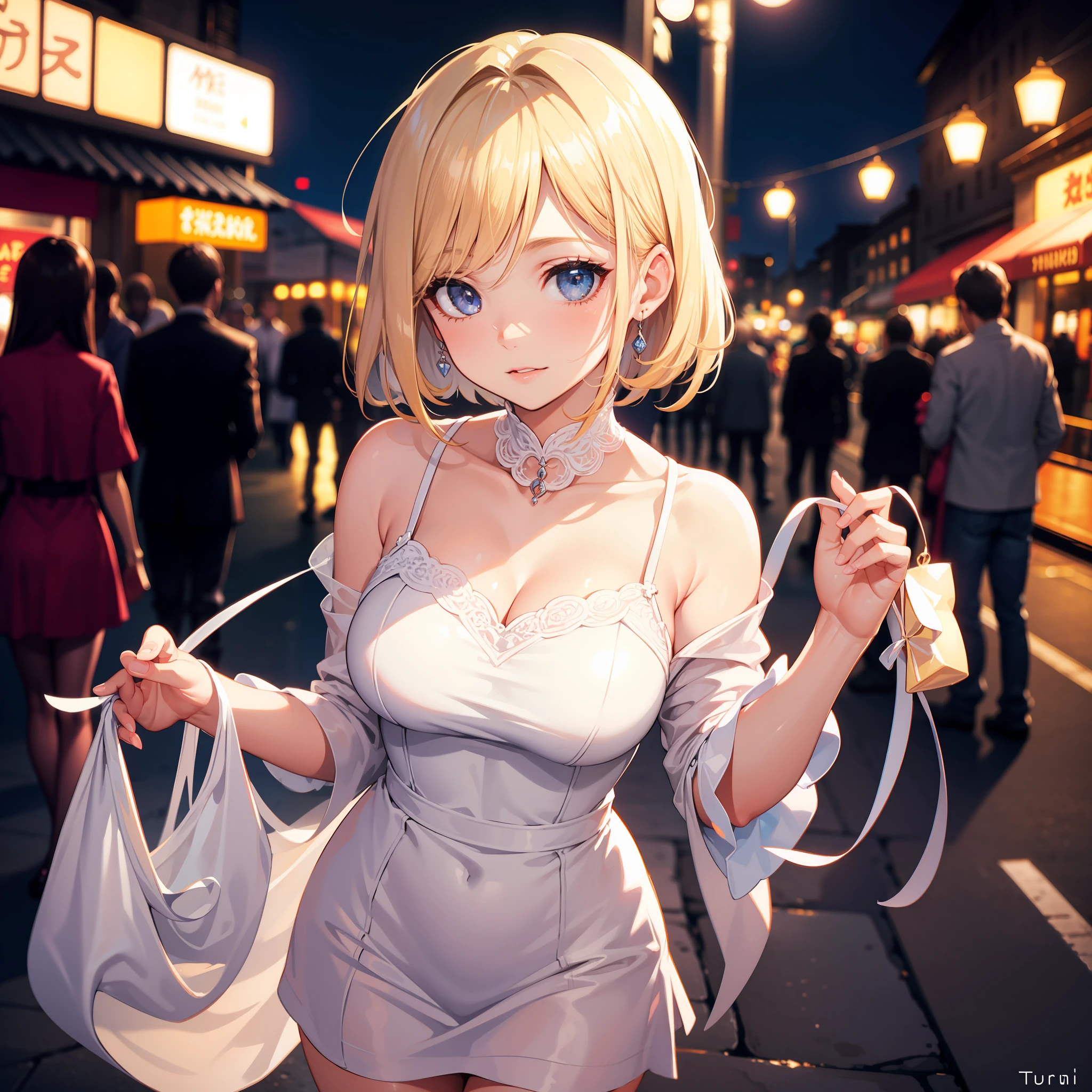 Close focus on face, sexy cute girl, short blondy hair, colored ambient lights, street environment, long eyelashes, cute clothes, people on background, rose eyes, turist, day time, cute Leaning forward pose