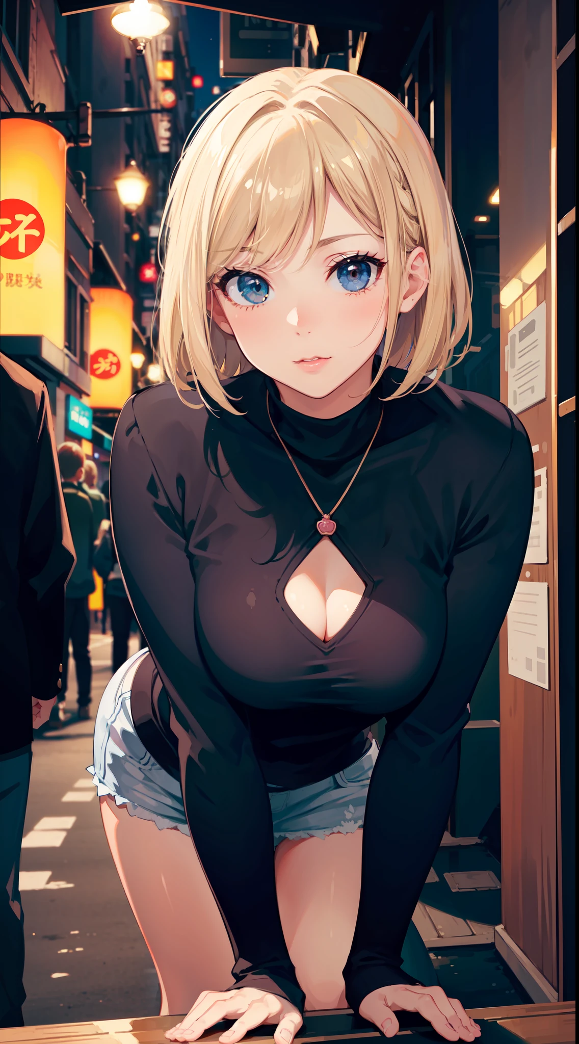 Close focus on face, sexy cute girl, short blondy hair, colored ambient lights, street environment, long eyelashes, cute clothes, people on background, rose eyes, turist, day time, cute Leaning forward pose