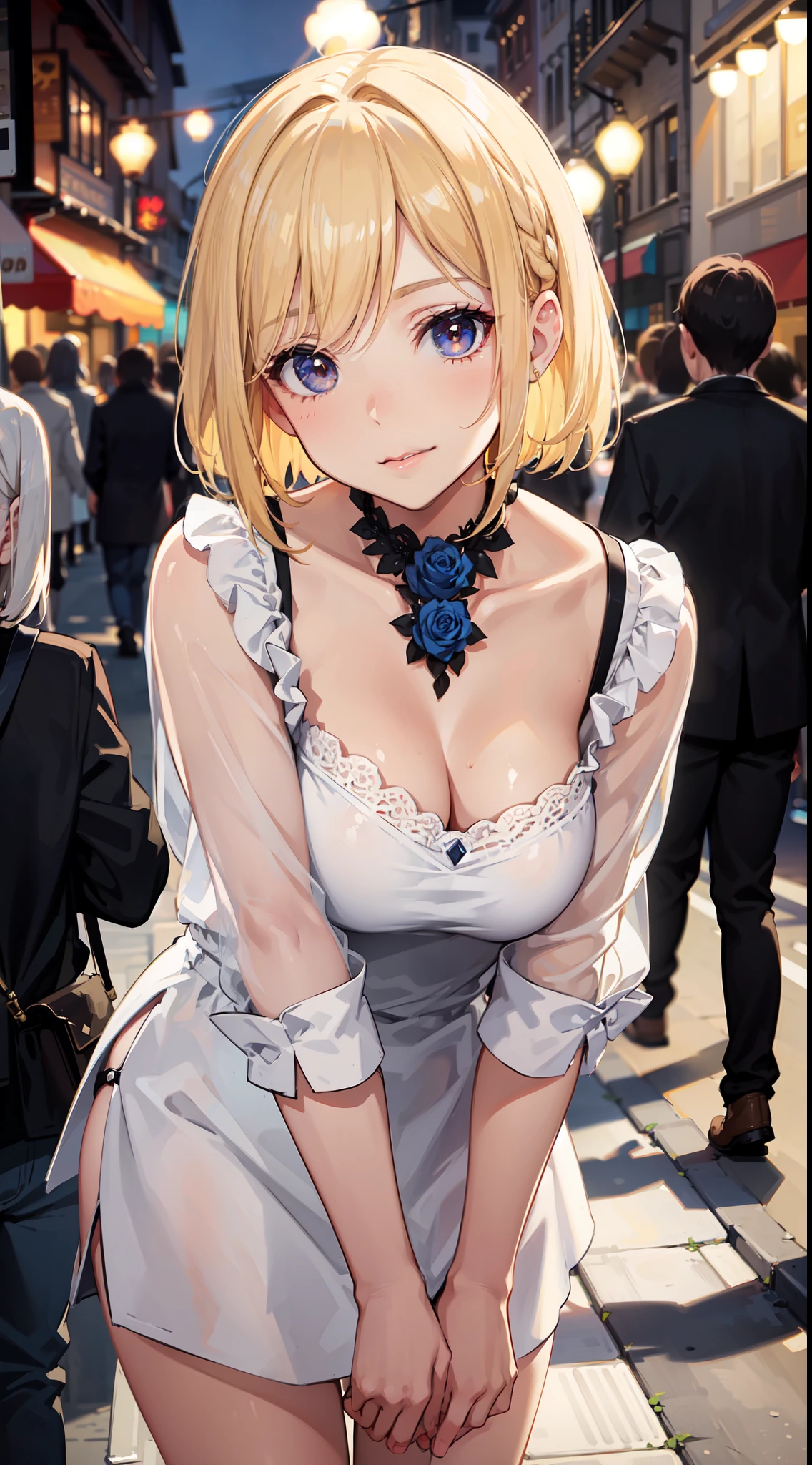 Close focus on face, sexy cute girl, short blondy hair, colored ambient lights, street environment, long eyelashes, cute clothes, people on background, rose eyes, turist, day time, cute Leaning forward pose