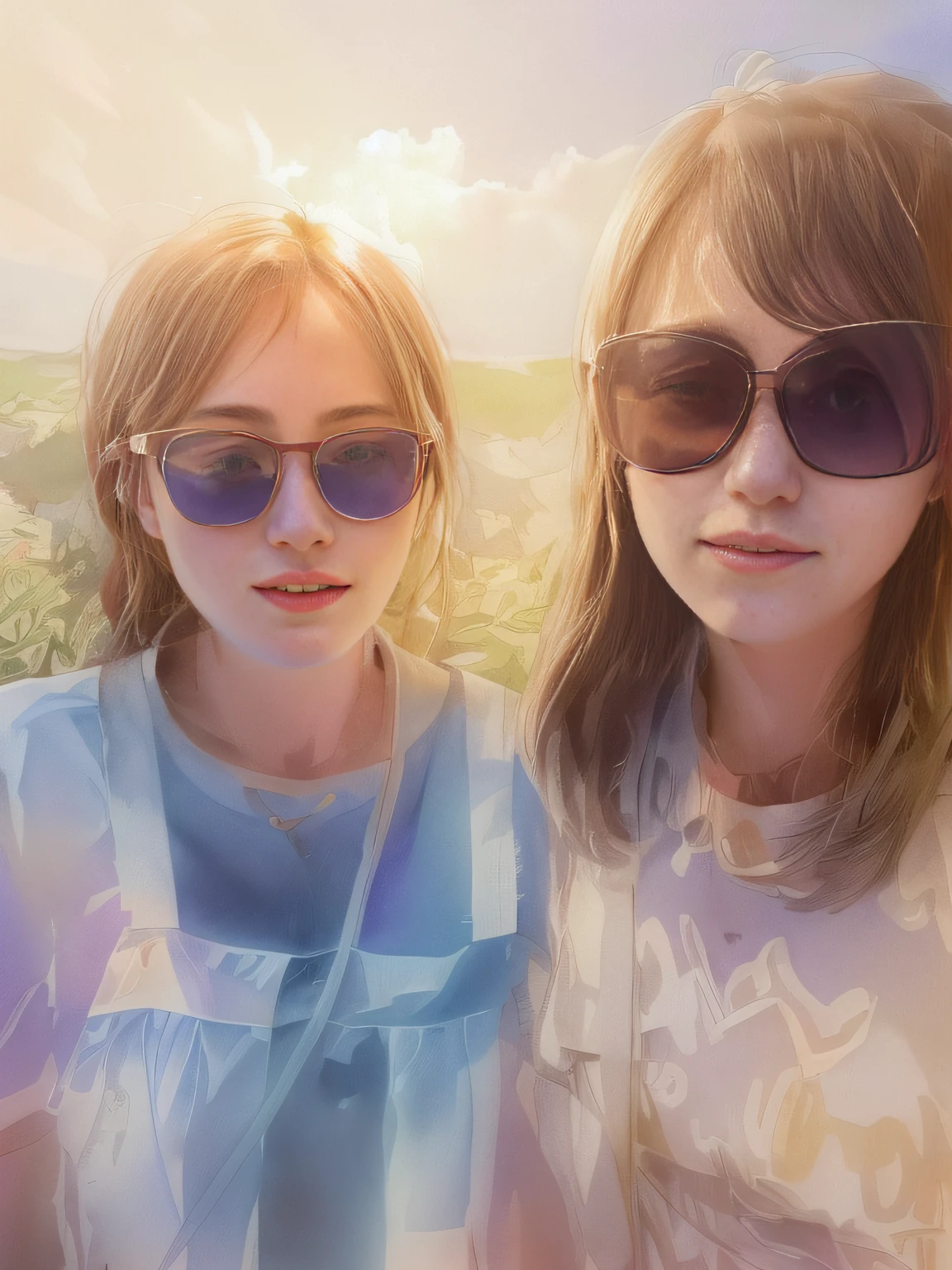 Two young women stand side by side in the field, with sunglass, With sunset, 🪔 🎨;🌞🌄, In sunny weather, Two girls, 8k