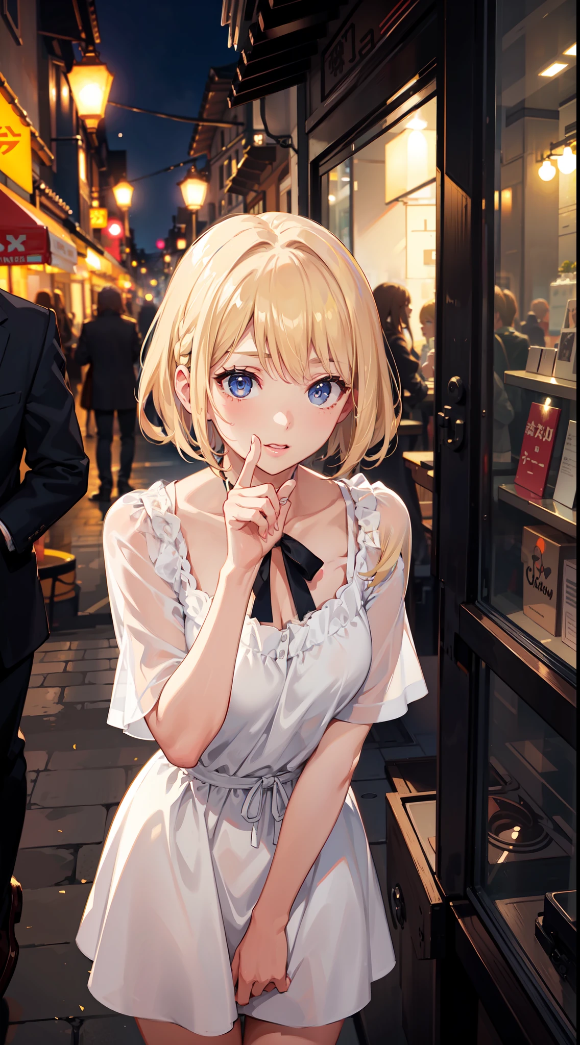 Close focus on face, sexy cute girl, short blondy hair, colored ambient lights, street environment, long eyelashes, cute clothes, people on background, rose eyes, turist, day time, cute Leaning forward pose