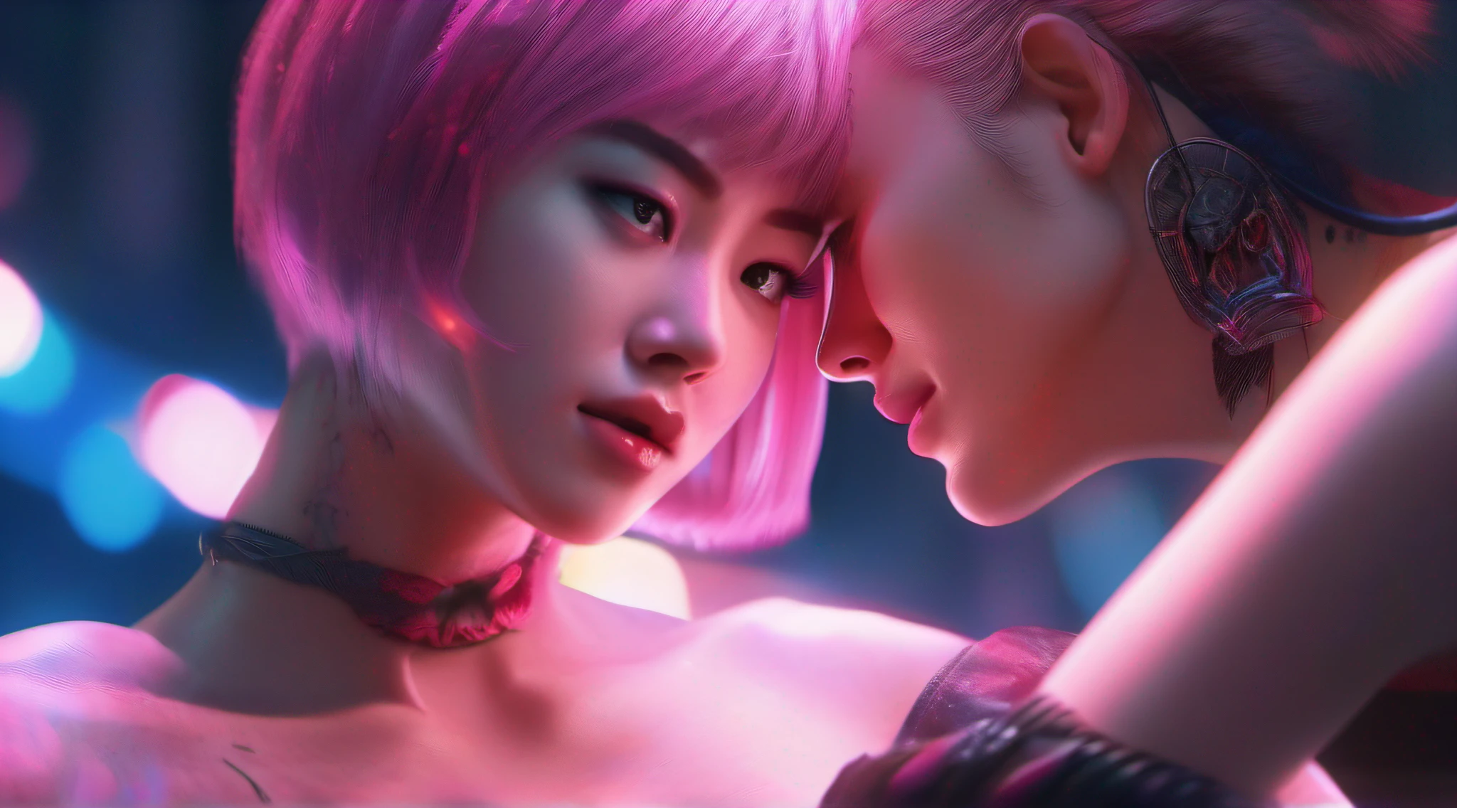 japanese demon is fighting a beautiful girl,18yo, pink short hair, blue eyes,Conceptual art, best photo shot, glowing light, realistic, UHD, textured skin, masterpiece, anatomically correct, best quality, 8k, full body,