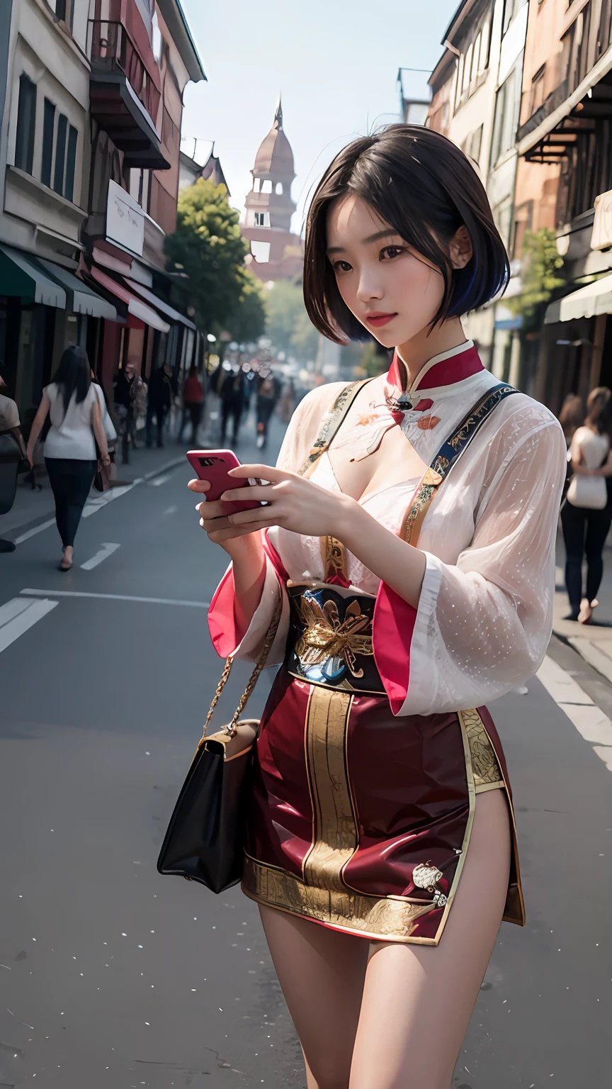 Beutiful women,Fiddling with your phone in the middle of the street,Short clothes,The color hair,Miao ethnic costume,High-definition realism,naturey
