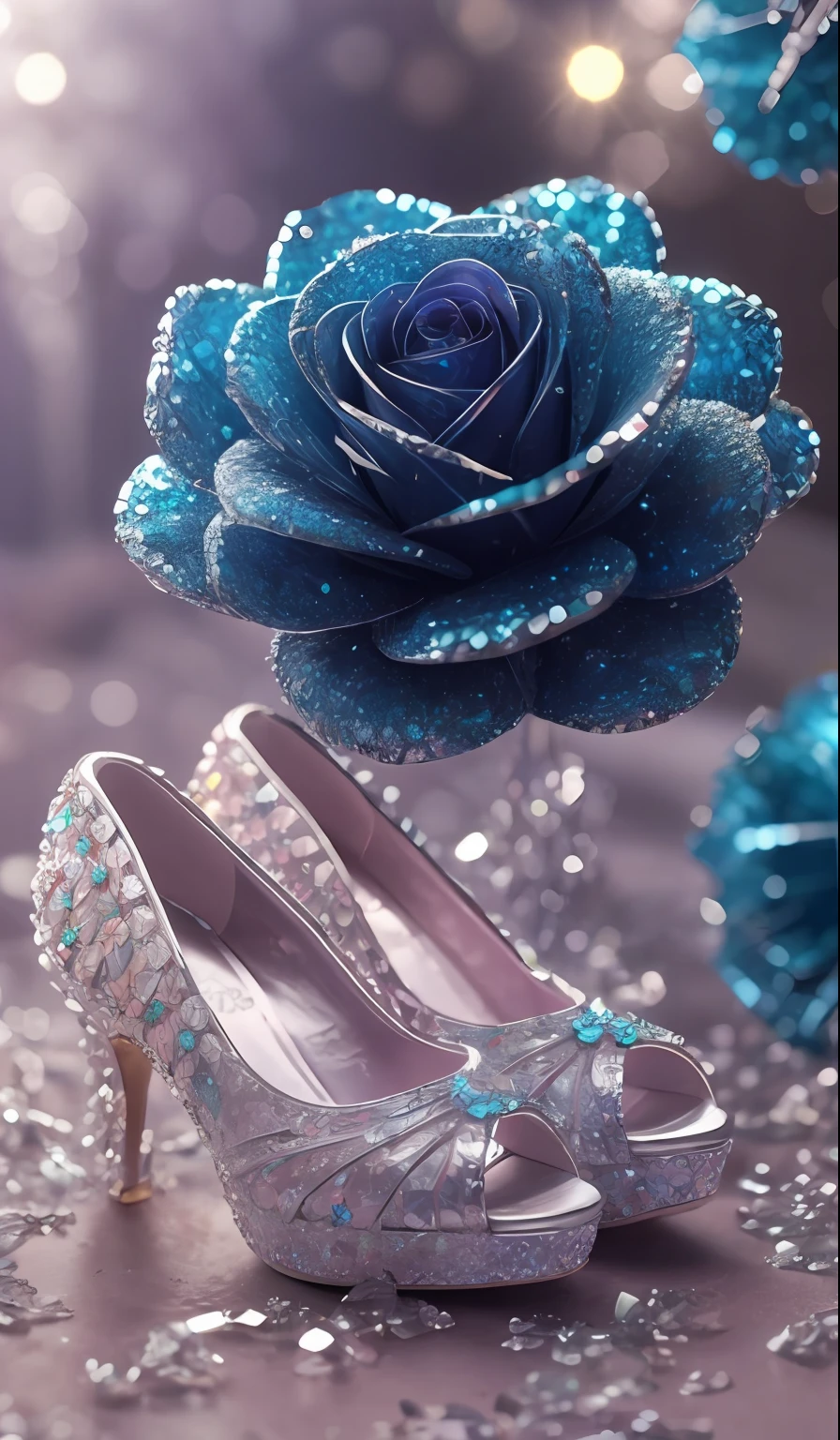Crystal shoes and crystal roses, fanciful, galaxias, cleanness, glittery, glittery, Splendor, Colorful, Amazing photography, dramatic lighting, photo-realism, ultra - detailed, 4K, depth of fields, A high resolution