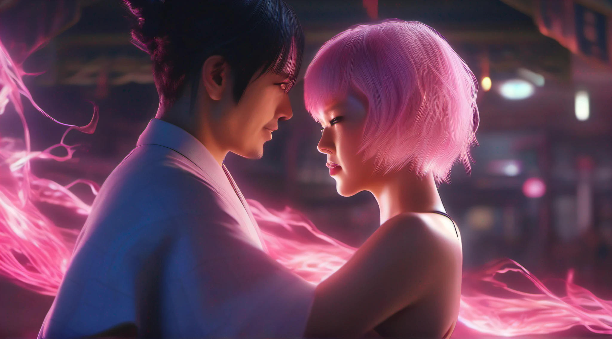 japanese demon is fighting a beautiful girl,18yo, pink short hair, blue eyes,Conceptual art, best photo shot, glowing light, realistic, UHD, textured skin, masterpiece, anatomically correct, best quality, 8k, full body,