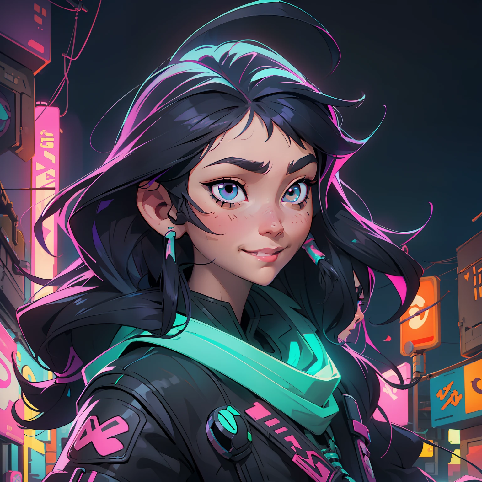 Create a girl with long messy black hair and brown eyes, smiling, gamer,, monitor, night time, good quality, perfect anatomy, 8k, masterpiece, by (Holaxes), long hair, messy hair, neon, headphones, cyberpunk, neon purple, neon yellow, neon blue, cyberwave, best Character Design