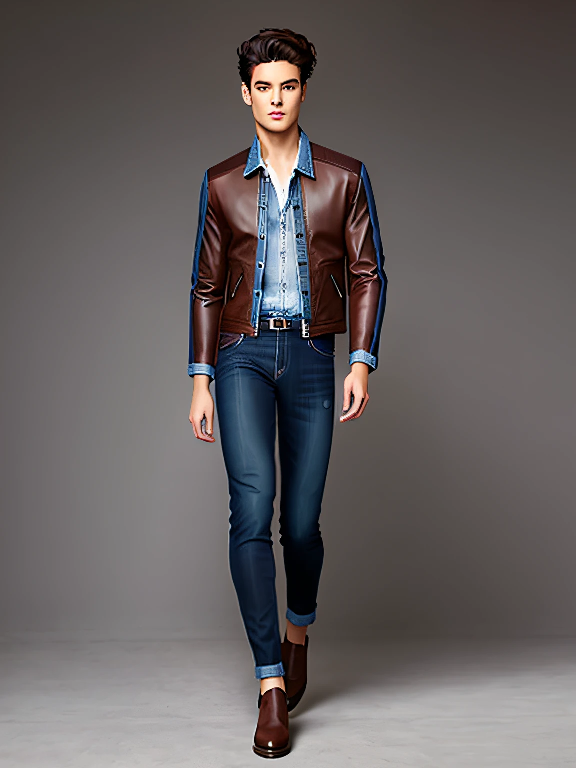 Brown leather jacket，dark blue denim jeans