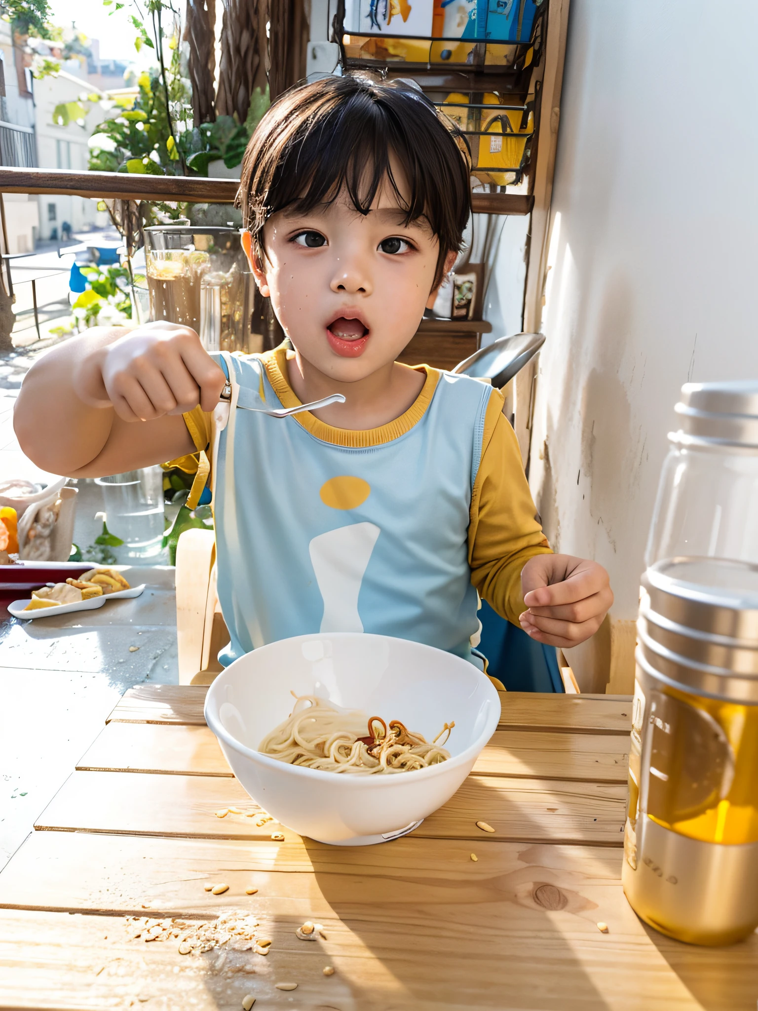 there is a handsome young boy eating cereal with a spoon and a bottle, eating noodles, messy eater, eating spaghetti from a bowl, little kid, having a snack, taken with sony alpha 9, eating outside, kid, yummy, ready to eat, closeup at the food, shot on nikon z9, eating spaghetti, kids, mischievous expression, eating ramen