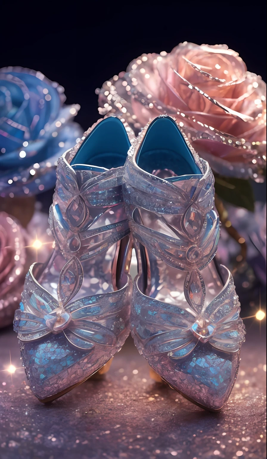 Crystal shoes and crystal roses， fanciful, galaxias, cleanness, glittery, glittery, Splendor, Colorful, Amazing photography, dramatic  lighting, photo-realism, ultra - detailed, 4K, depth of fields, A high resolution