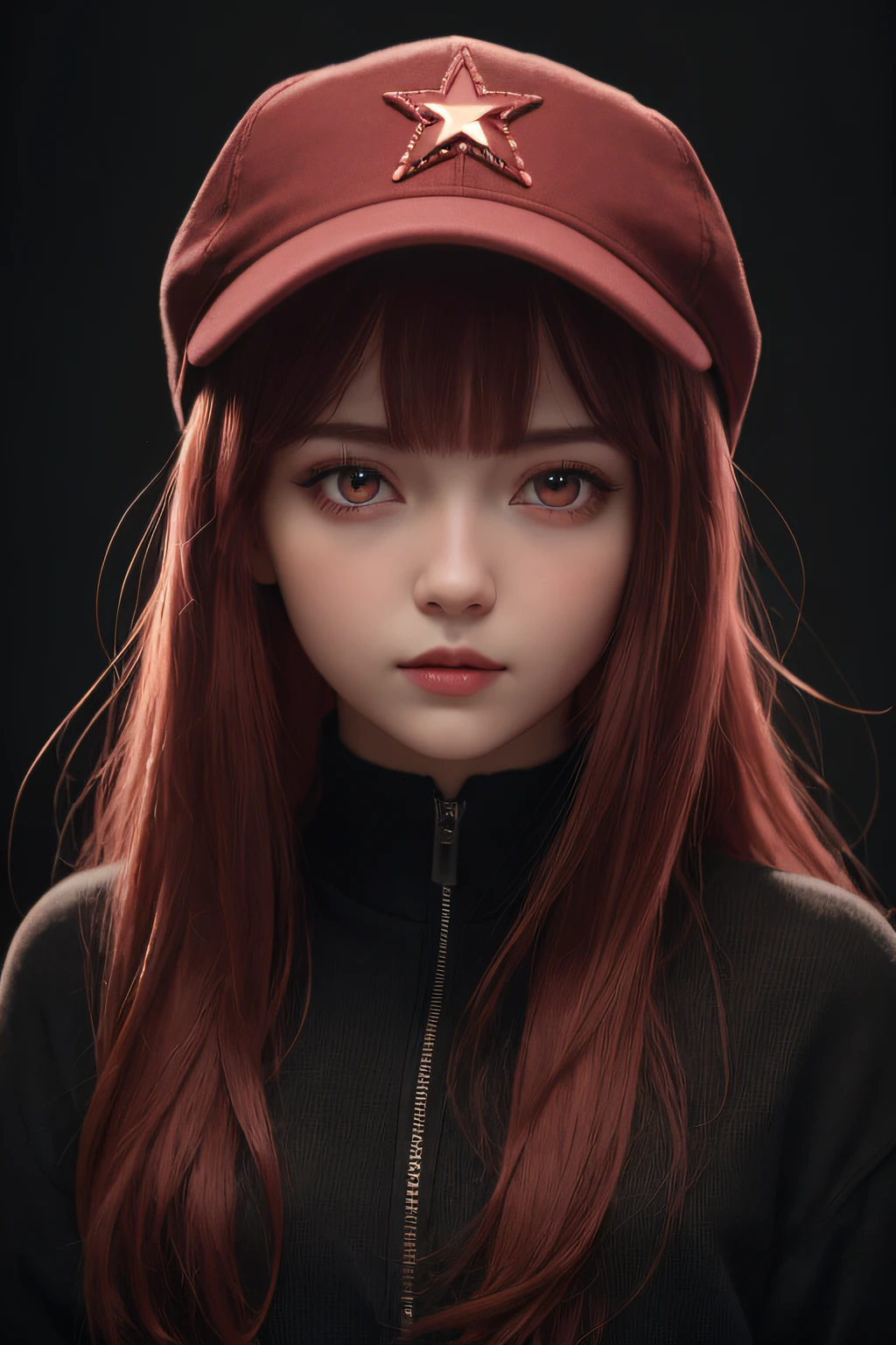 (1girll, star eye, Blush, lighting perfect, redheadwear, red eyes, unreal-engine, side-lighting, The face is detailed, By bangs, Brighten skin tone, minimalistic background, deep dark background)