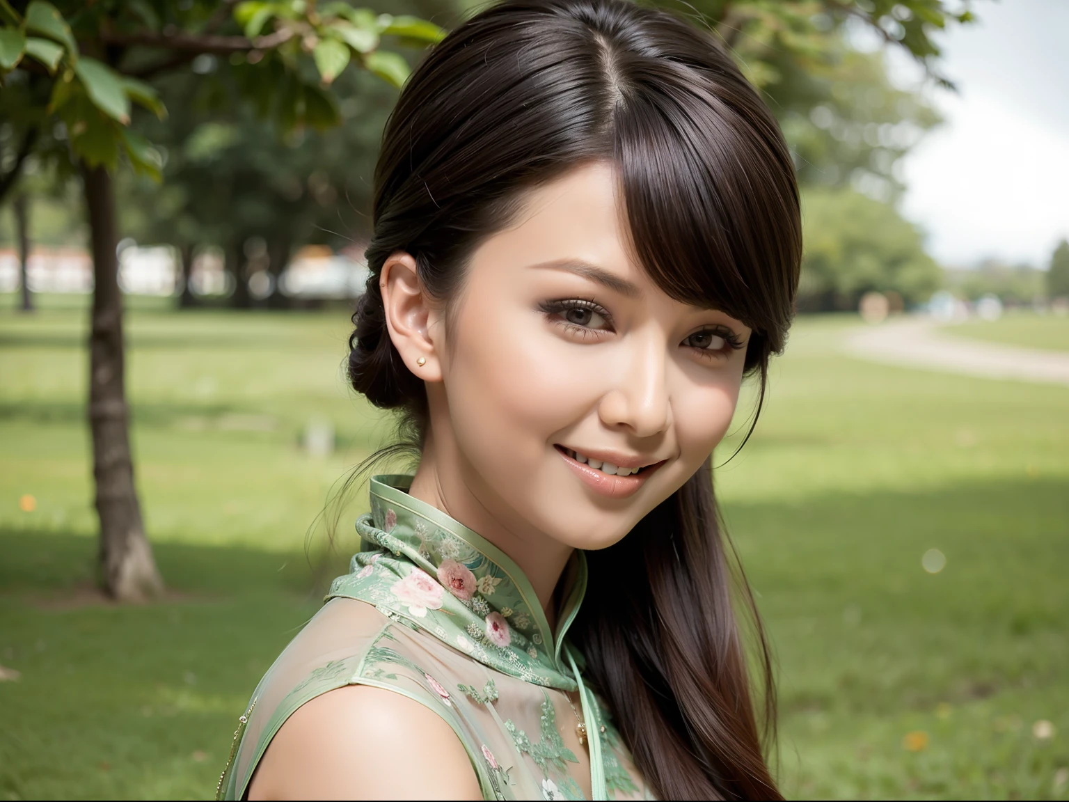 Fashion model 20 years old [[[[closeup cleavage]]]], [[[[boobgasm]]]], [[[[coll]]]], [[[[bshoulders]]]], perfect  eyes, Perfect iris，Perfect lips，perfect teeth，Perfect skin，Long face，slender nose，tall nose bridge，Soft front light，hdr，Movie girl，on cheongsam，long whitr hair，Long hair with a shawl，Long hair like a waterfall，Green trees and flowers in the background，（pastel colour：1.2）
