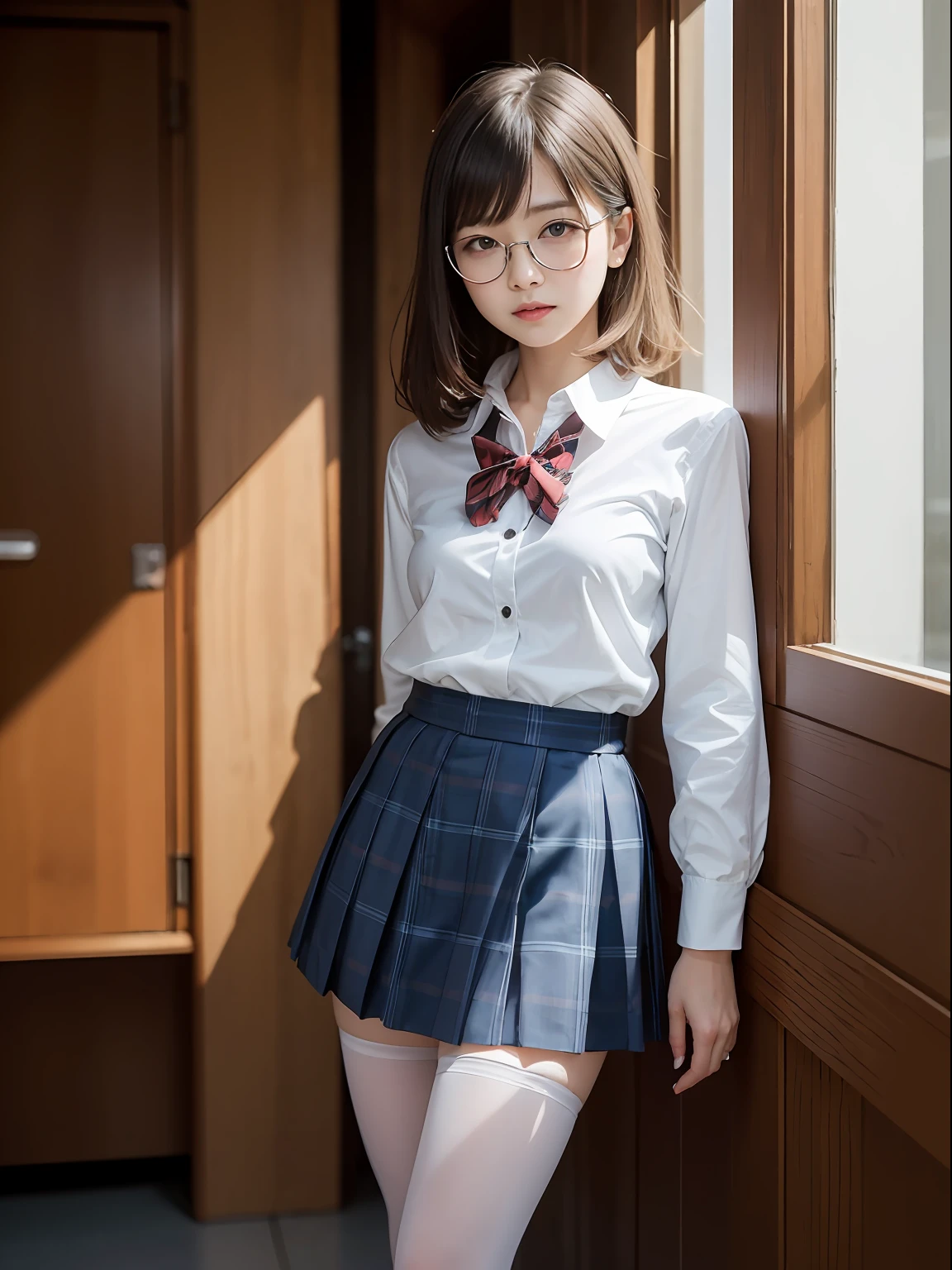 (8K、Raw photography、top-quality、masterpiece:1.2),de pele branca,Black pantyhose,absurderes,a small face,small tits,flat breast,Parting the bangs from the middle、Forehead visible,(Tight eyes,glares,Bullish,skinny,Rasping,irate)、masterpiece,top-quality、超A high resolution,Raw photo,ren,Beautiful fece,One Person, 独奏,eye glass,,Dark look,Small breasts,fullllbody,Round glasses、cute little、JK school uniform,hi-school girl,A Japanese Lady,is standing,(Photorealsitic:1.37)、Photon mapping,Light blue ribbon,Realistic、Cute little face,Brown-eyed、Black socks、(Red bow tie)、Radio City、Physically Based Rendering、Foreground、depth of fields、Blurry background、a picture,The girls、Body,beauty legs, Long legs, Thin leg,long bob cut,(Bangs are visible), hair, s lips, Blue_The eye, nosesoft,Light blue shirt, Navy and blue and white plaid pleated skirt, Knees are visible,Sheer clothing,, Thigh, Black cotton socks,Nogizaka Idol, 女優, Japanese ido