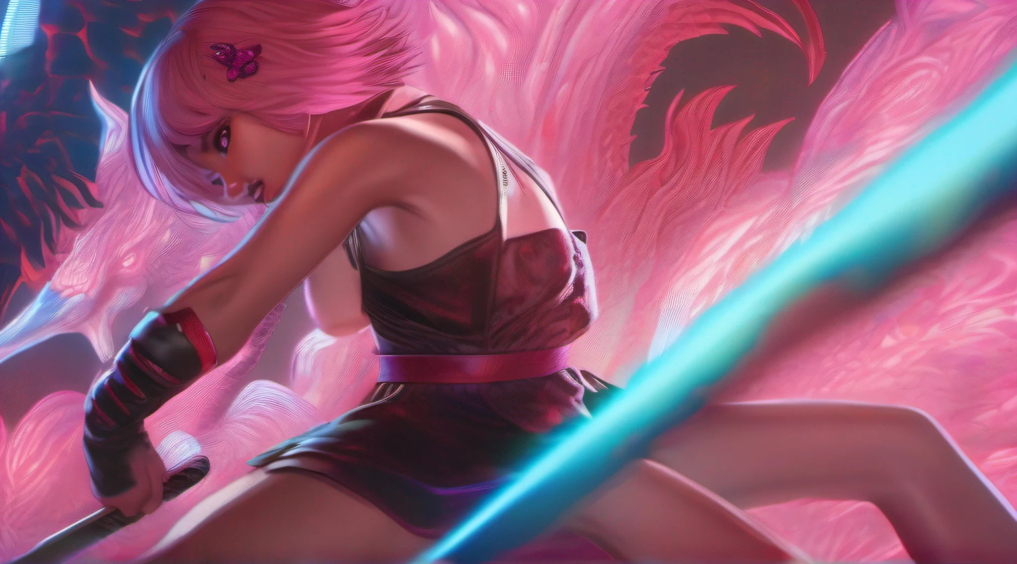 japanese demon is fighting a beautiful girl,18yo, pink short hair, blue eyes,Conceptual art, best photo shot, glowing light, realistic, UHD, textured skin, masterpiece, anatomically correct, best quality, 8k, full body,