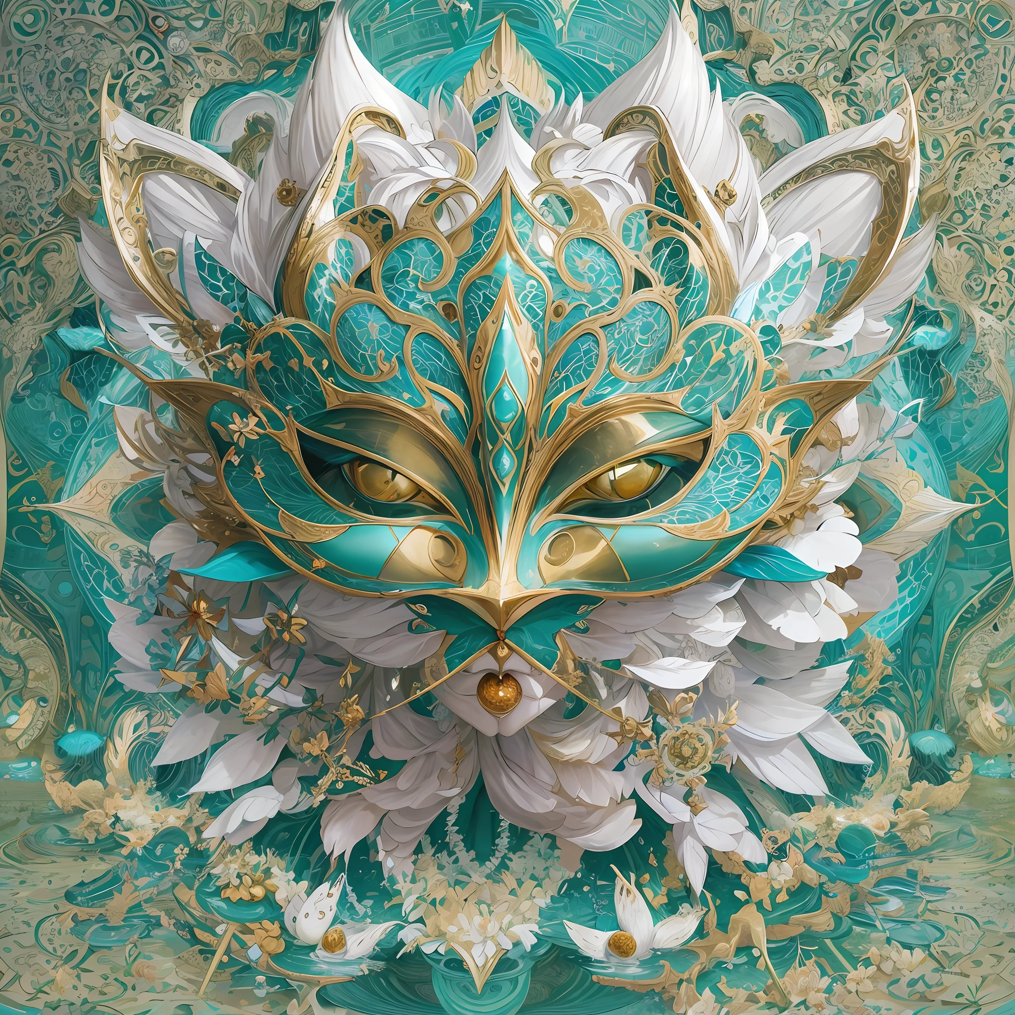 Imagine tranquil scenes inspired by Buddhist philosophy,A vibrant lotus flower stands against a background of intense turquoise tones。The lotus flower symbolizes purity and enlightenment,Intricate petals bloom,emanating a sense of serenity。When you gaze deeper into the image,You will notice an arrangement similar to a mandala,The constellations are elegantly arranged。A fusion of Buddhist symbolism with astrological elements,a harmonious integration,Invites contemplation and a sense of eternal connection。(The sculpture is surrealist and realist: 1.5), (golden colored,Blue and white porcelain mask), (Metal wings: 1.2), (Fox futuristic mask: 1.2), (Internet pop kawaii fractal art: 1.6), (The art style of Tobias Gramller,The shape of the light sliding feeling: 1.6), (Organic geometric mixture: 1.6),Ultra-high resolution: 1.4),(particle fx: 1.4), (Depth of field: 1.4), (geometric-dotist abstraction: 1.6), (generative fluid fractal algorithm: 1.6).