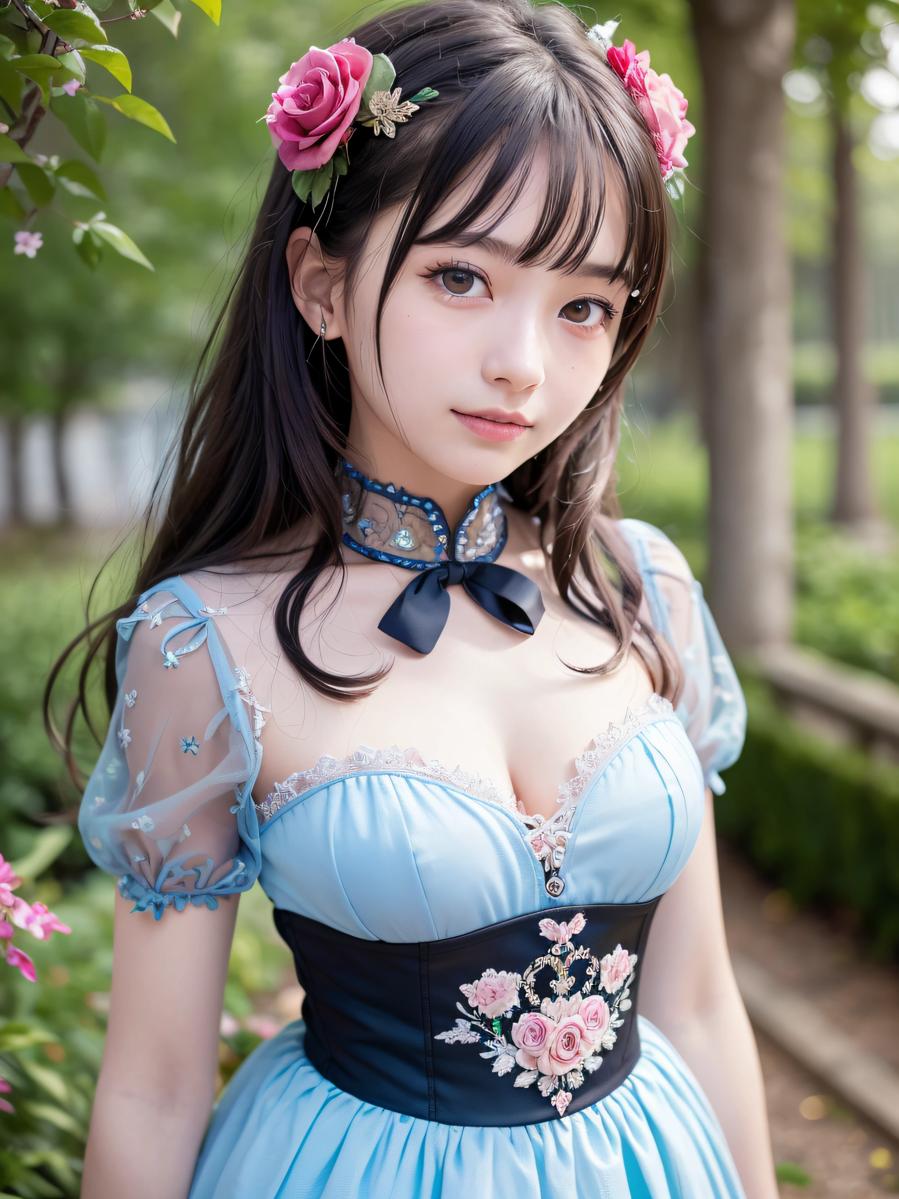 (best quality:1.4), 8K, ultra high definition, (ultra high res:1.2), absurdres:1.2, (raw photo1.2), (realistic, photo realistic:1.4), (masterpiece:1.3), (intricate details:1.2), (depth field), 1 nogizaka girl, utterly cute, (bishojo:1.35), (:1.4), ultra detailed beautiful eyes and face and skin, perfect shiny skin, perfect skin, fair skin, medium breasts, ultra detailed black curly hair, professional lighting, smile at the camera, cowboy shot, (alice and the pirates fashion), (hair accessory with blue rose), ultra detailed beautiful dress, petit trianon garden and farmhouse, view a village and lake, ultra detailed background