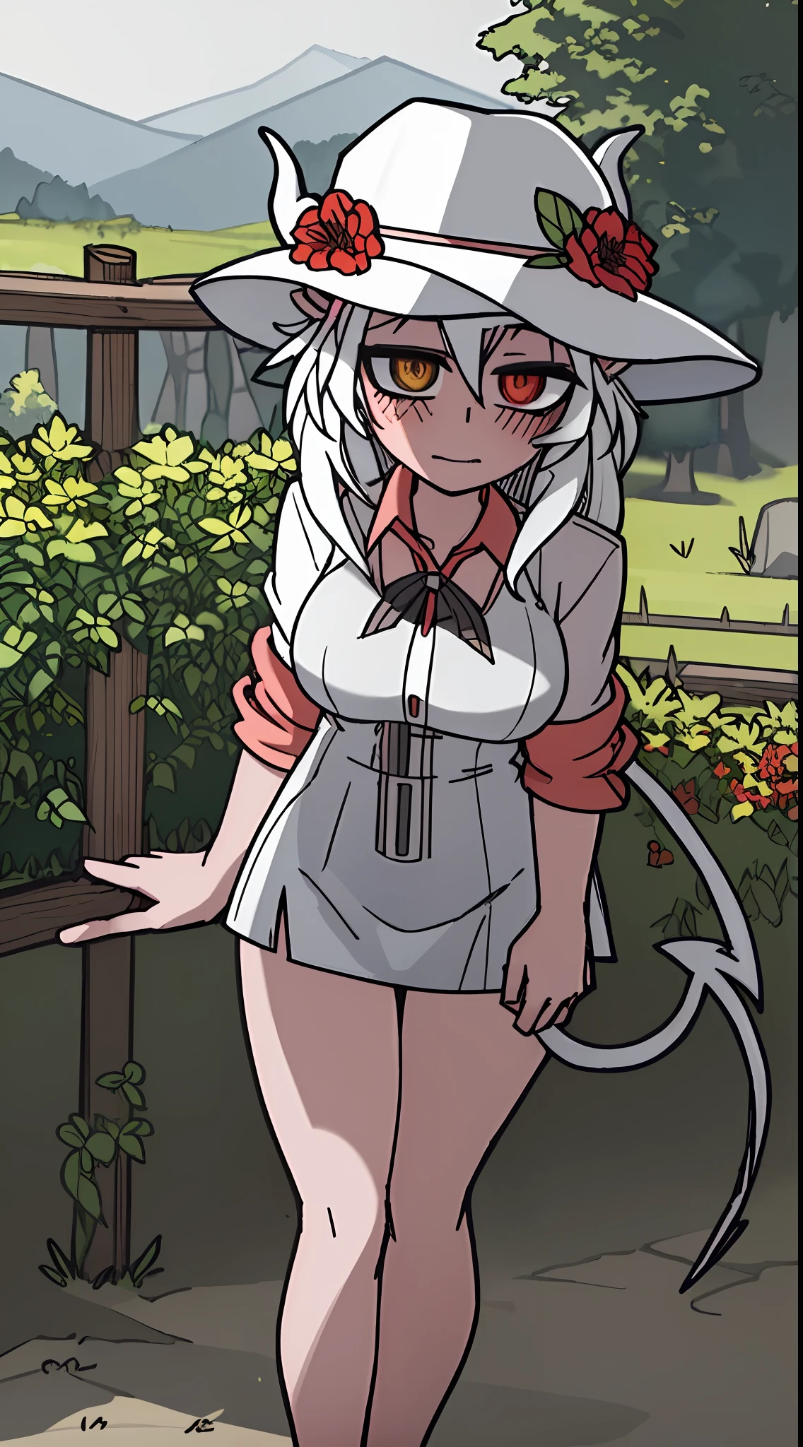 1girl, solo, breasts, wide hips, thick thighs, blush, blushing, horns on head, demon tail, large breasts, dynamic angle, sharp focus, standing, heterochromia, 8k resolution, sun dress, wet clothes, see through clothes, white, sun hat, outdoors, countryside, trees, rain, rainstorm, full body shot, grey sky, detailed, flowers, mountain in background, sparkle, shirt overhang, skin indentation,