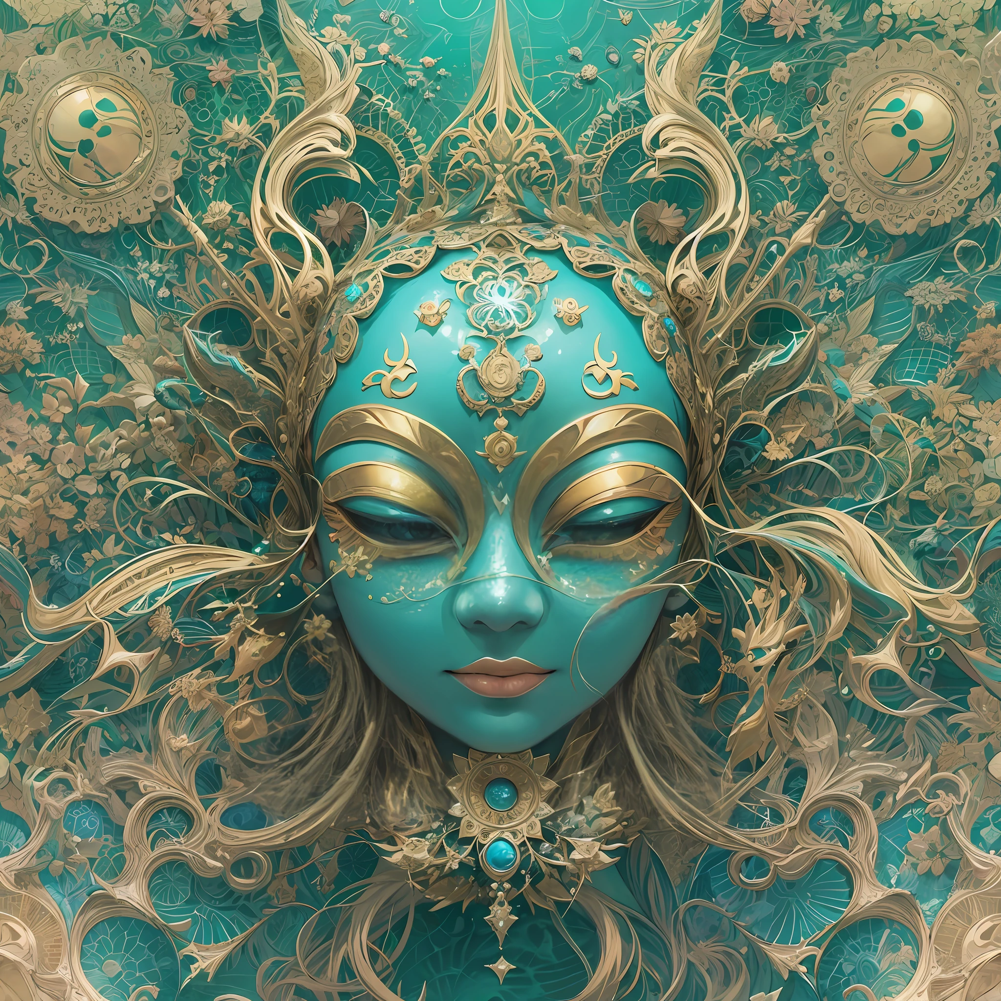 Imagine tranquil scenes inspired by Buddhist philosophy,A vibrant lotus flower stands against a background of intense turquoise tones。The lotus flower symbolizes purity and enlightenment,Intricate petals bloom,emanating a sense of serenity。When you gaze deeper into the image,You will notice an arrangement similar to a mandala,The constellations are elegantly arranged。A fusion of Buddhist symbolism with astrological elements,a harmonious integration,Invites contemplation and a sense of eternal connection。(The sculpture is surrealist and realist: 1.5), (golden colored,Blue and white porcelain mask), (Metal wings: 1.2), (Fox futuristic mask: 1.2), (Internet pop kawaii fractal art: 1.6), (The art style of Tobias Gramller,The shape of the light sliding feeling: 1.6), (Organic geometric mixture: 1.6),Ultra-high resolution: 1.4),(particle fx: 1.4), (Depth of field: 1.4), (geometric-dotist abstraction: 1.6), (generative fluid fractal algorithm: 1.6).
